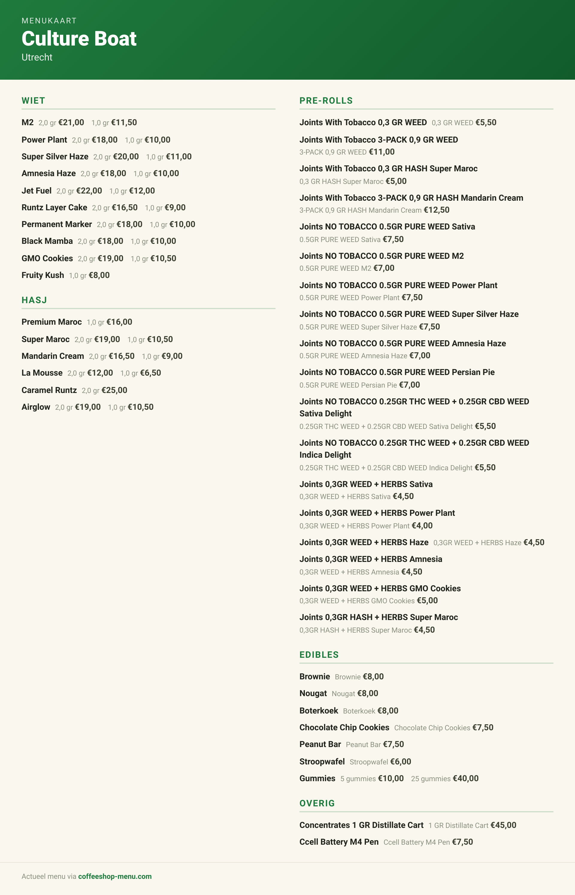 Menu bij Culture Boat