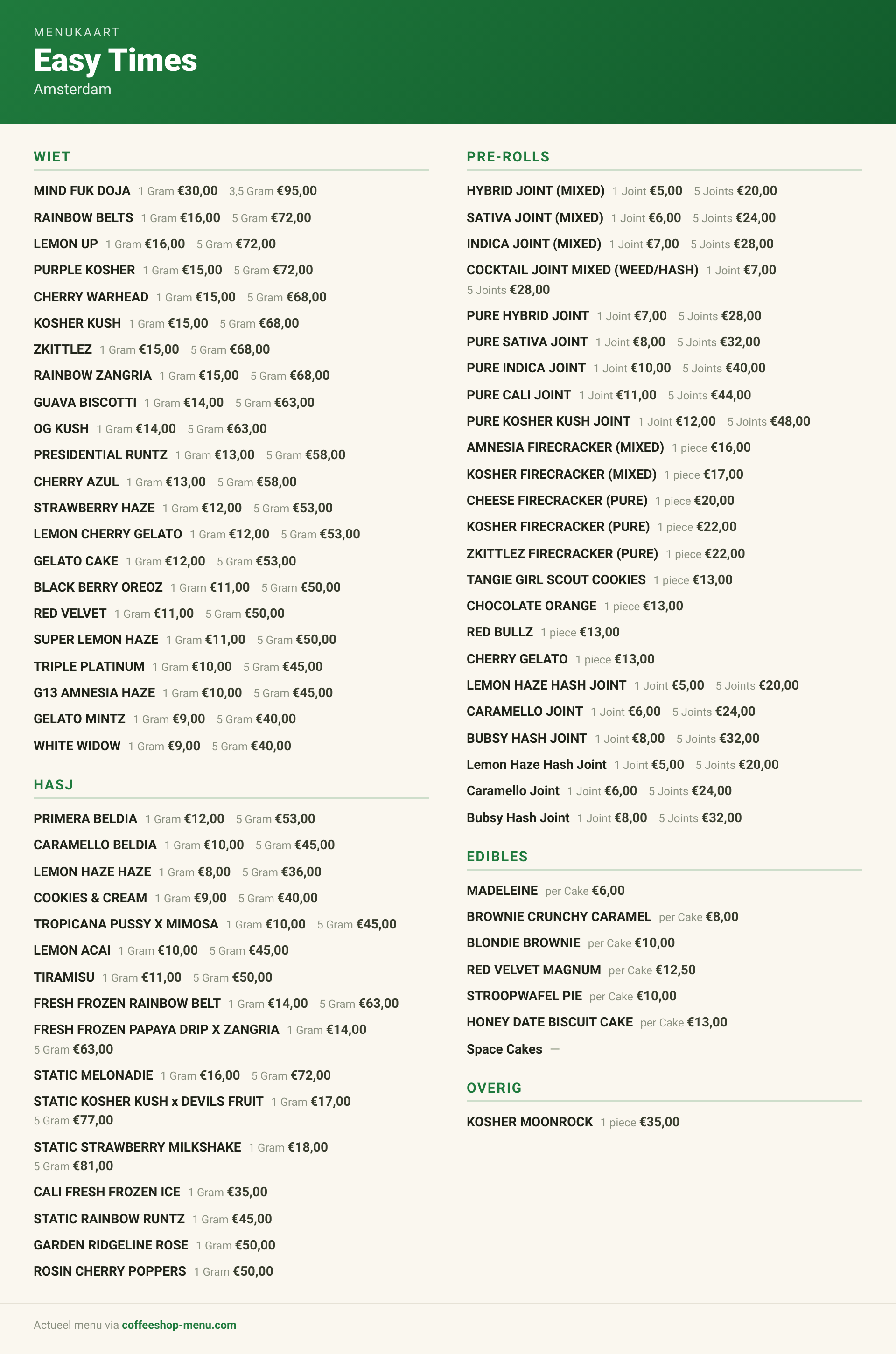 Menu bij Easy Times