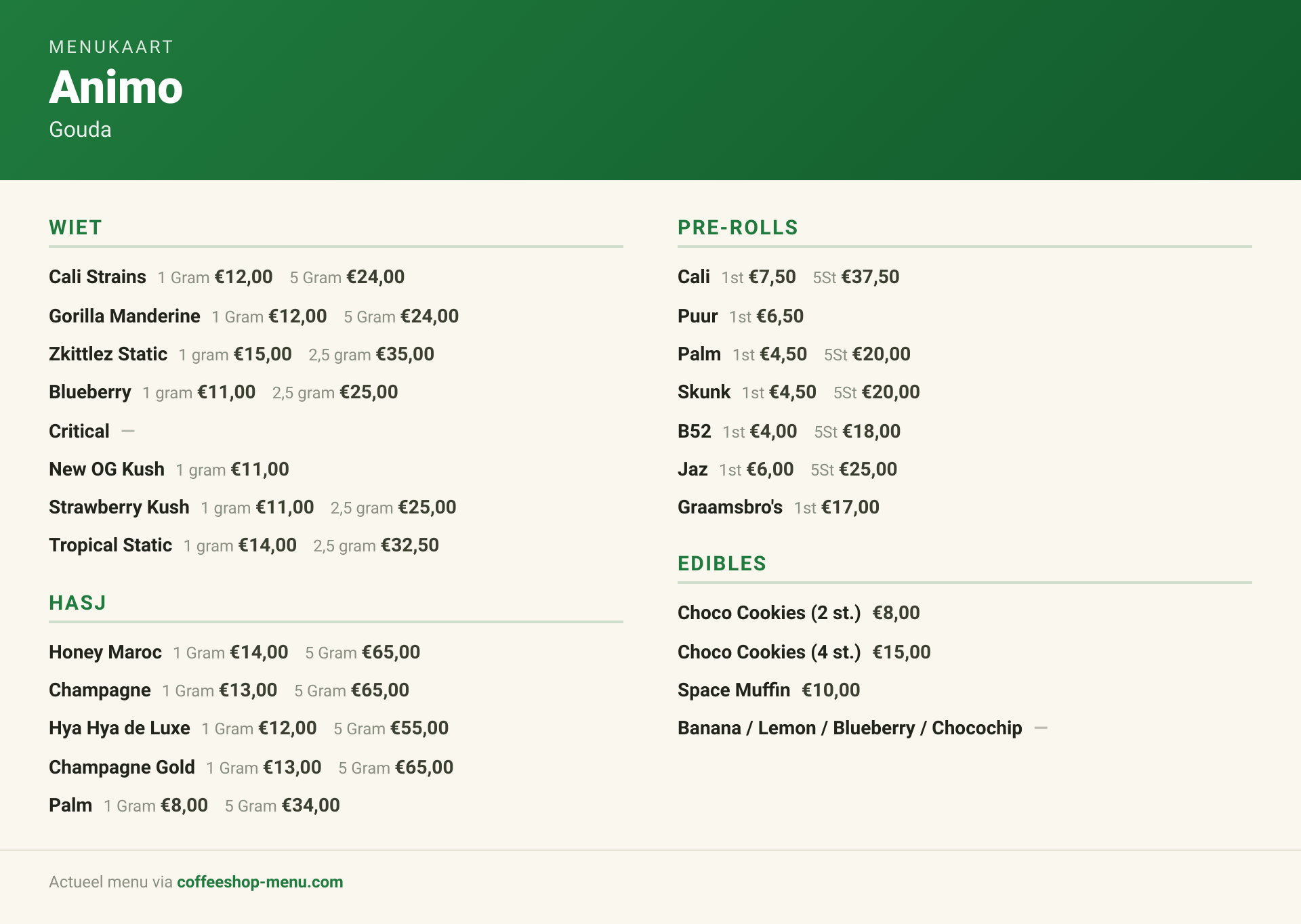 Menu bij Animo