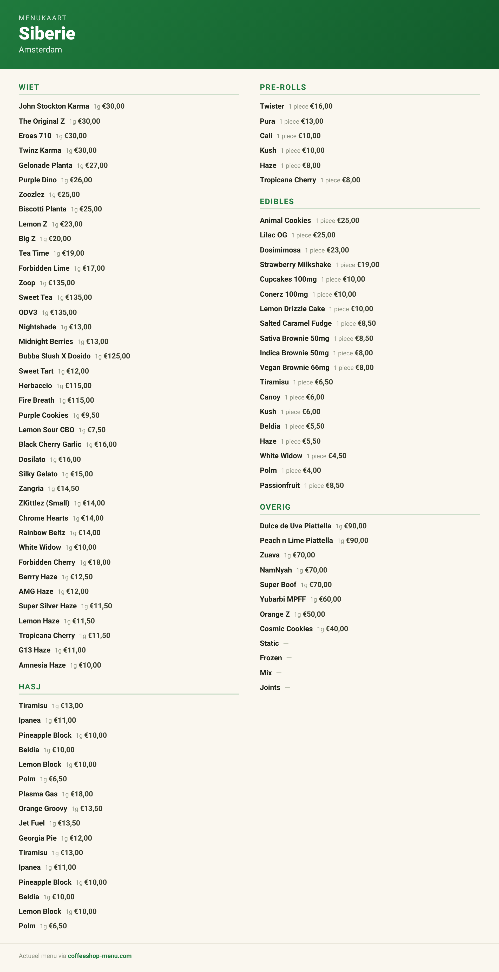 Menu bij Siberie