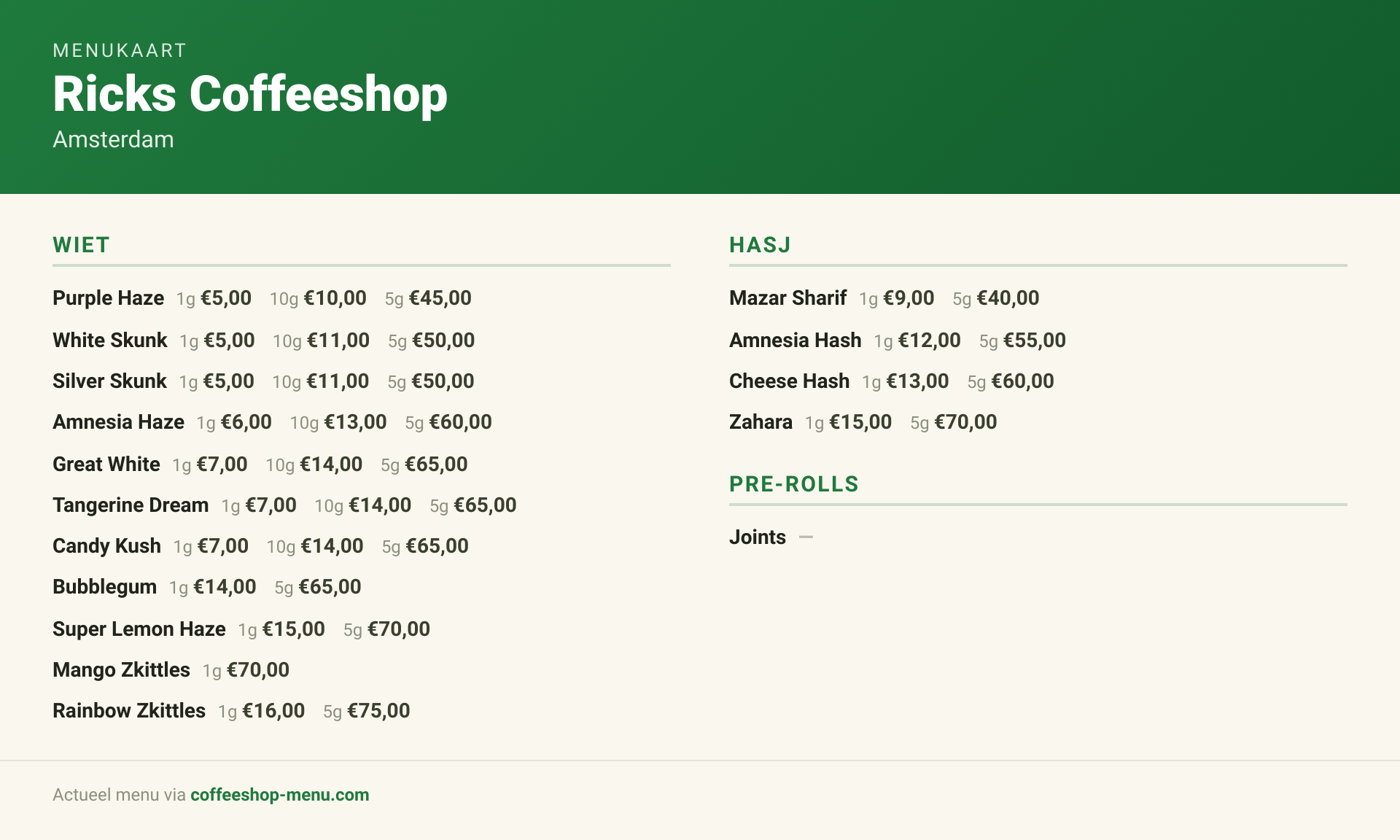 Menu bij Ricks Coffeeshop