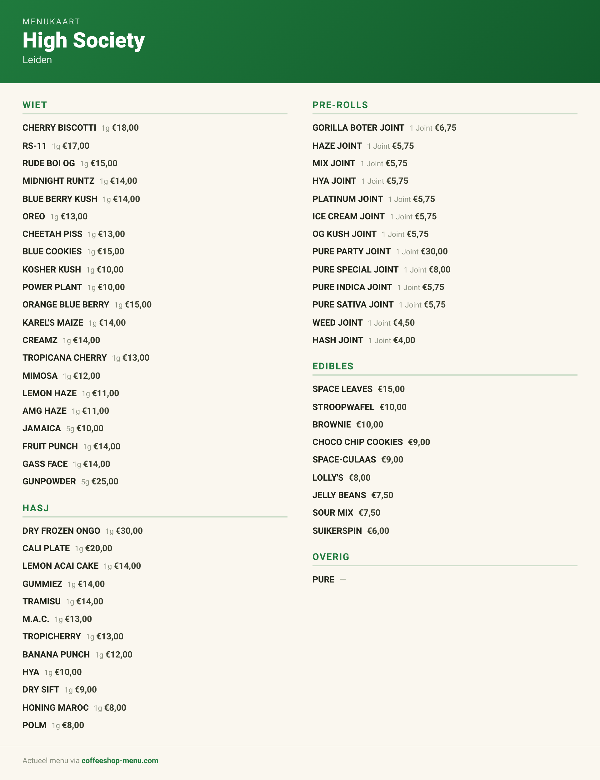 Menu bij High Society