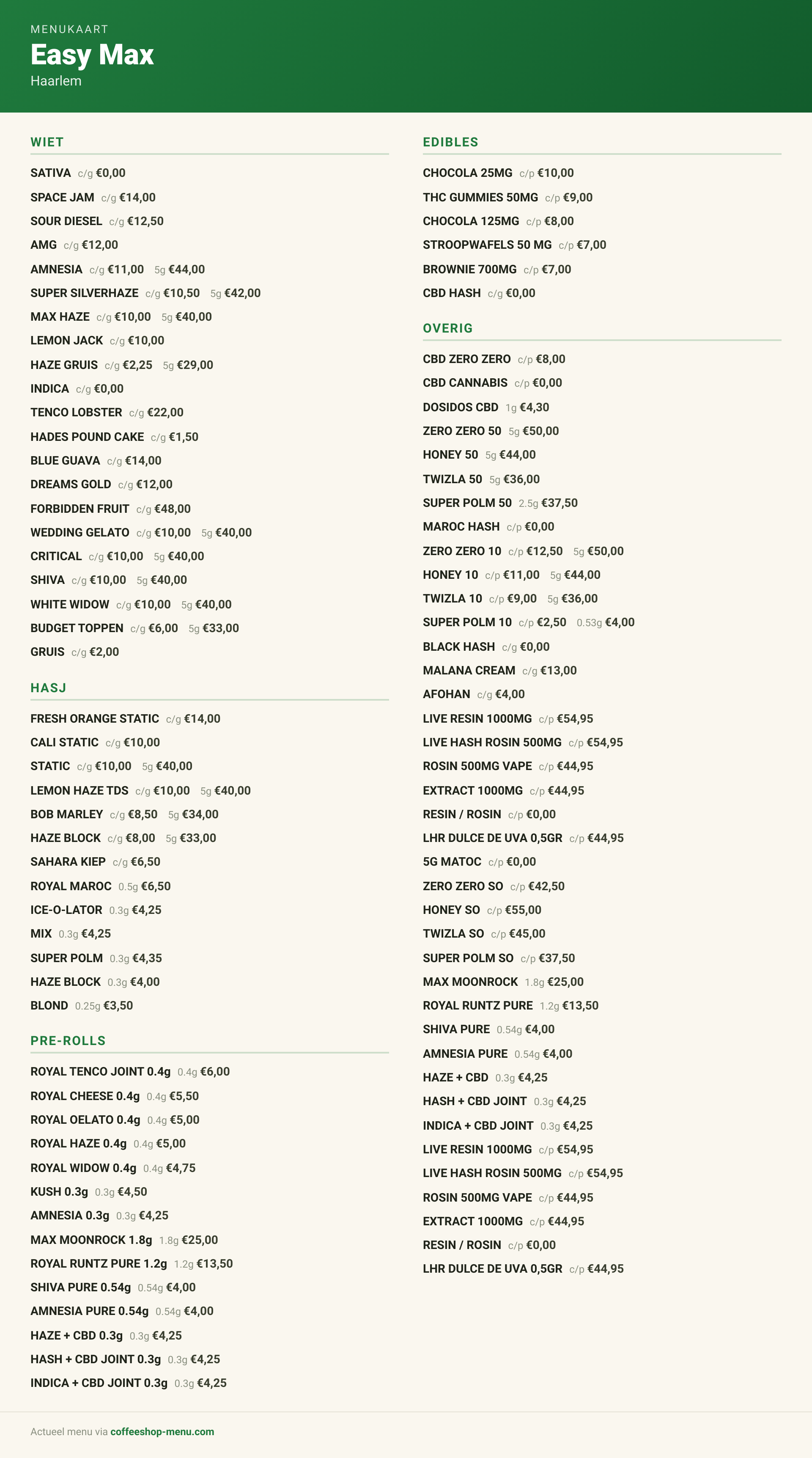 Menu bij Easy Max