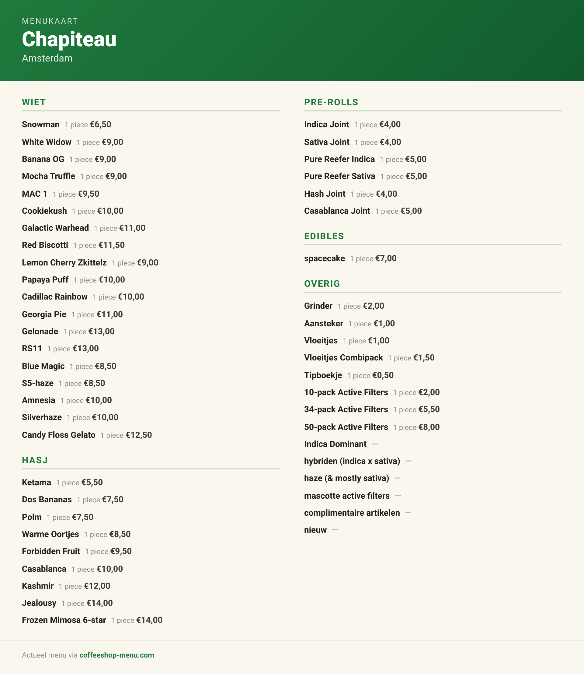 Menu bij Chapiteau