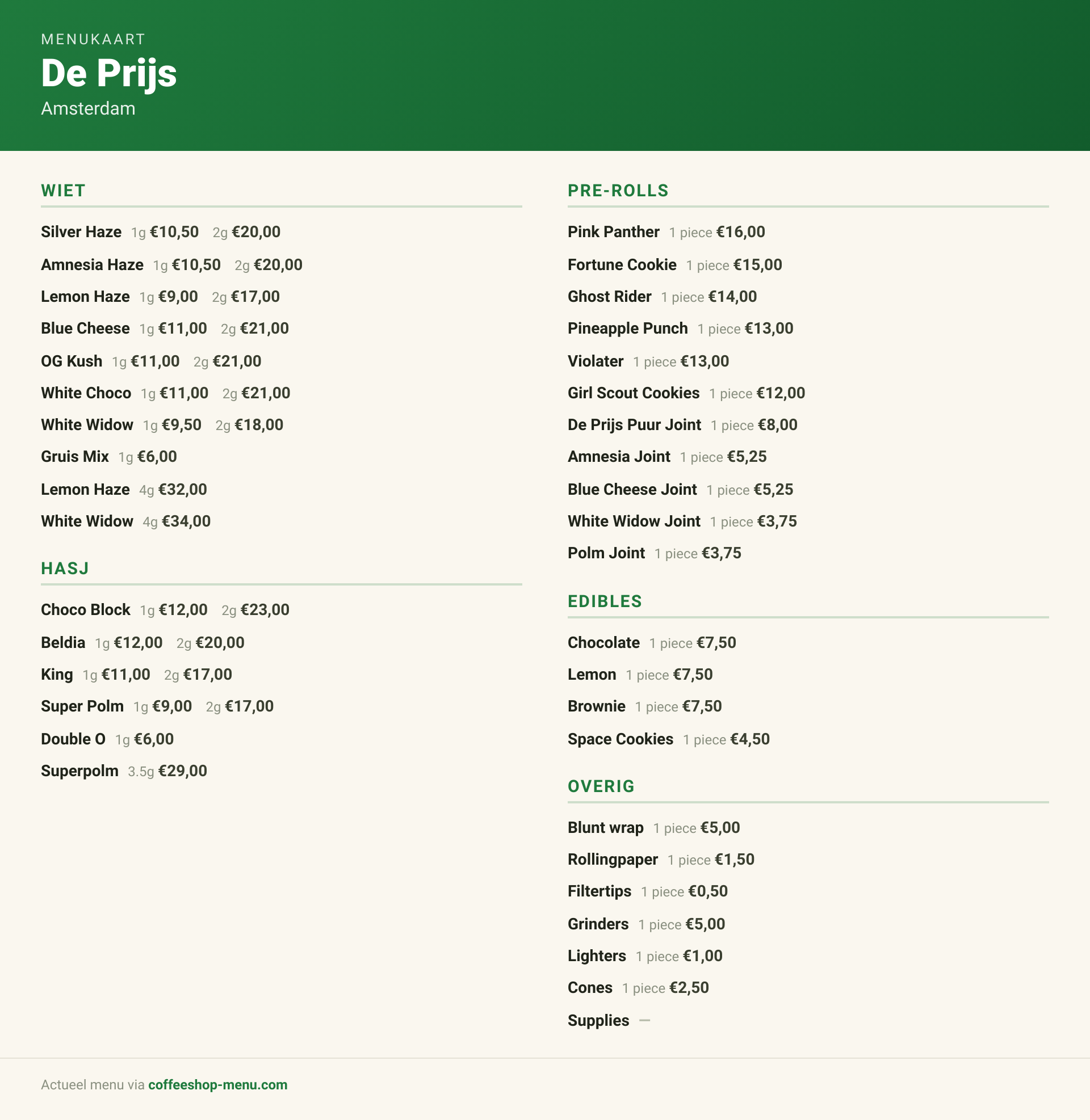 Menu bij De Prijs