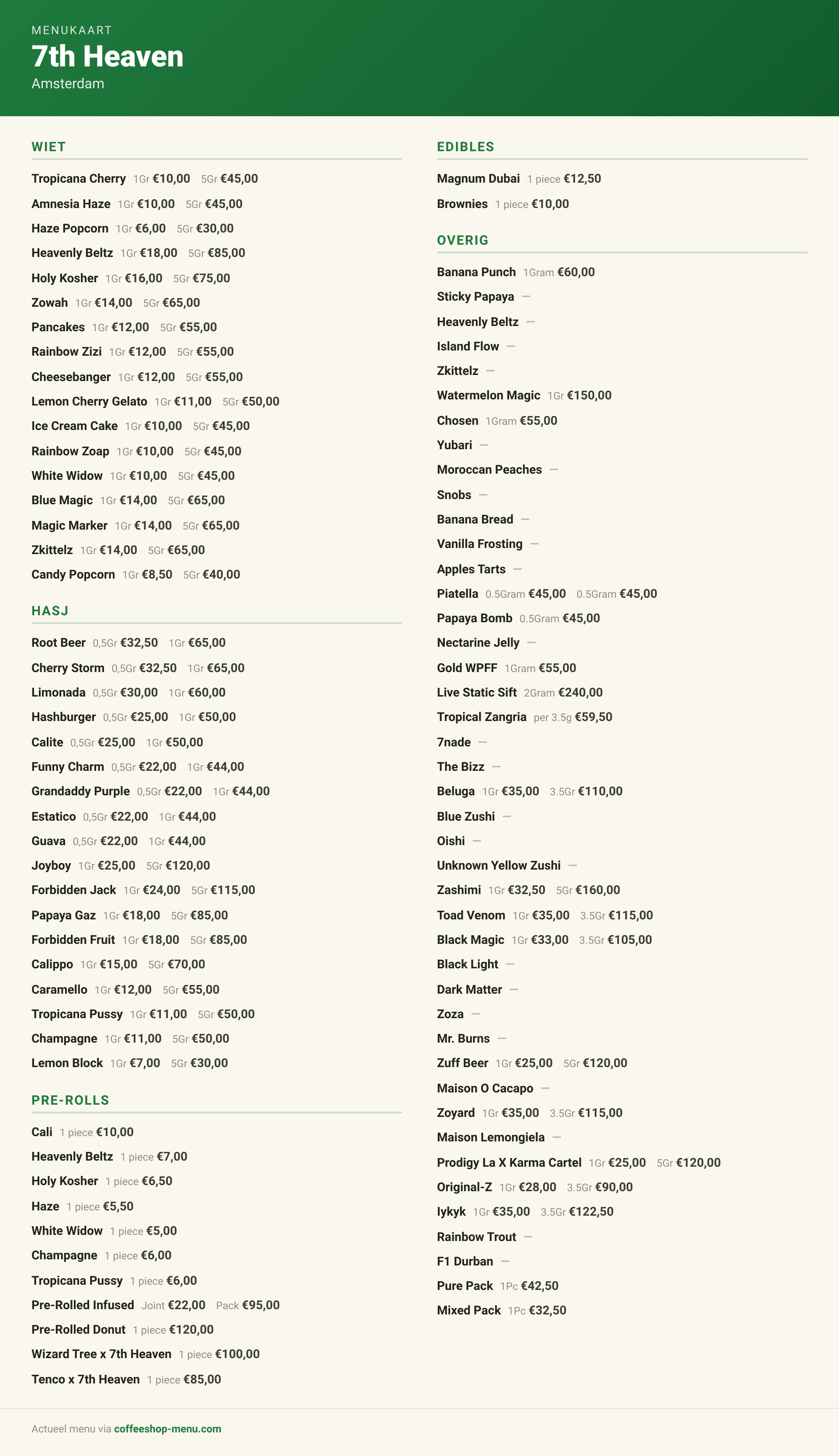 Menu bij 7th Heaven