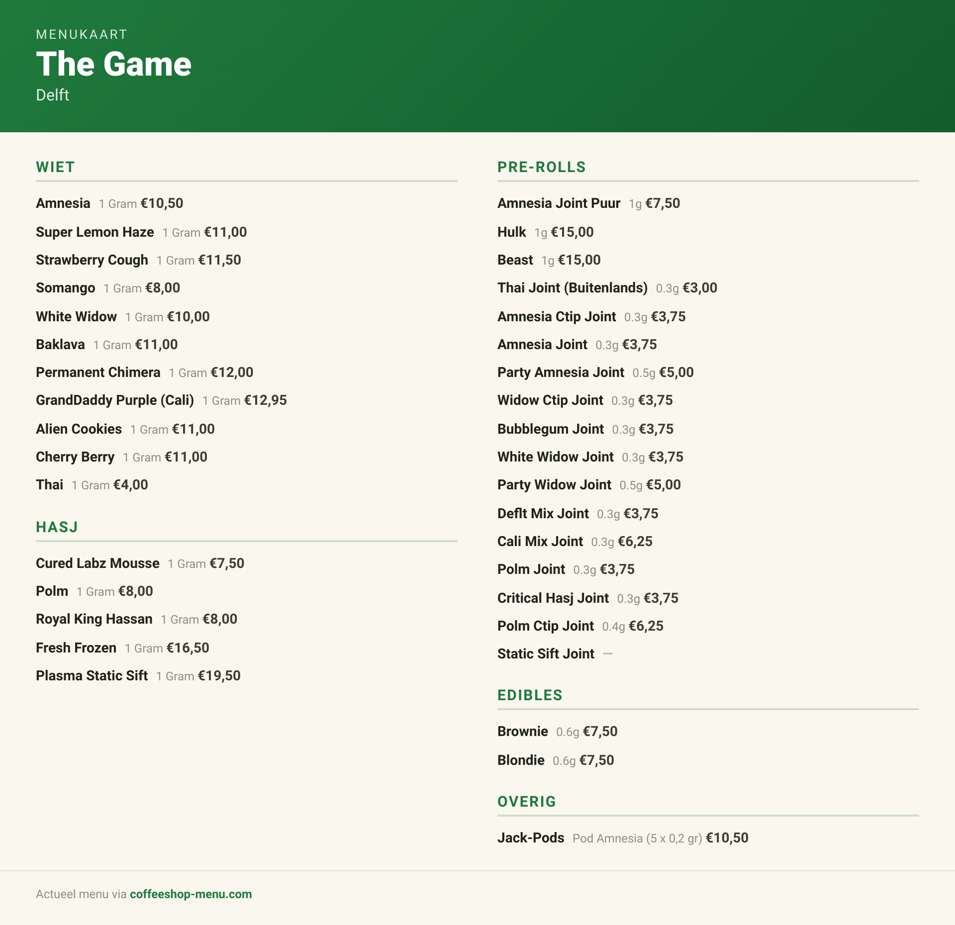 Menu bij The Game