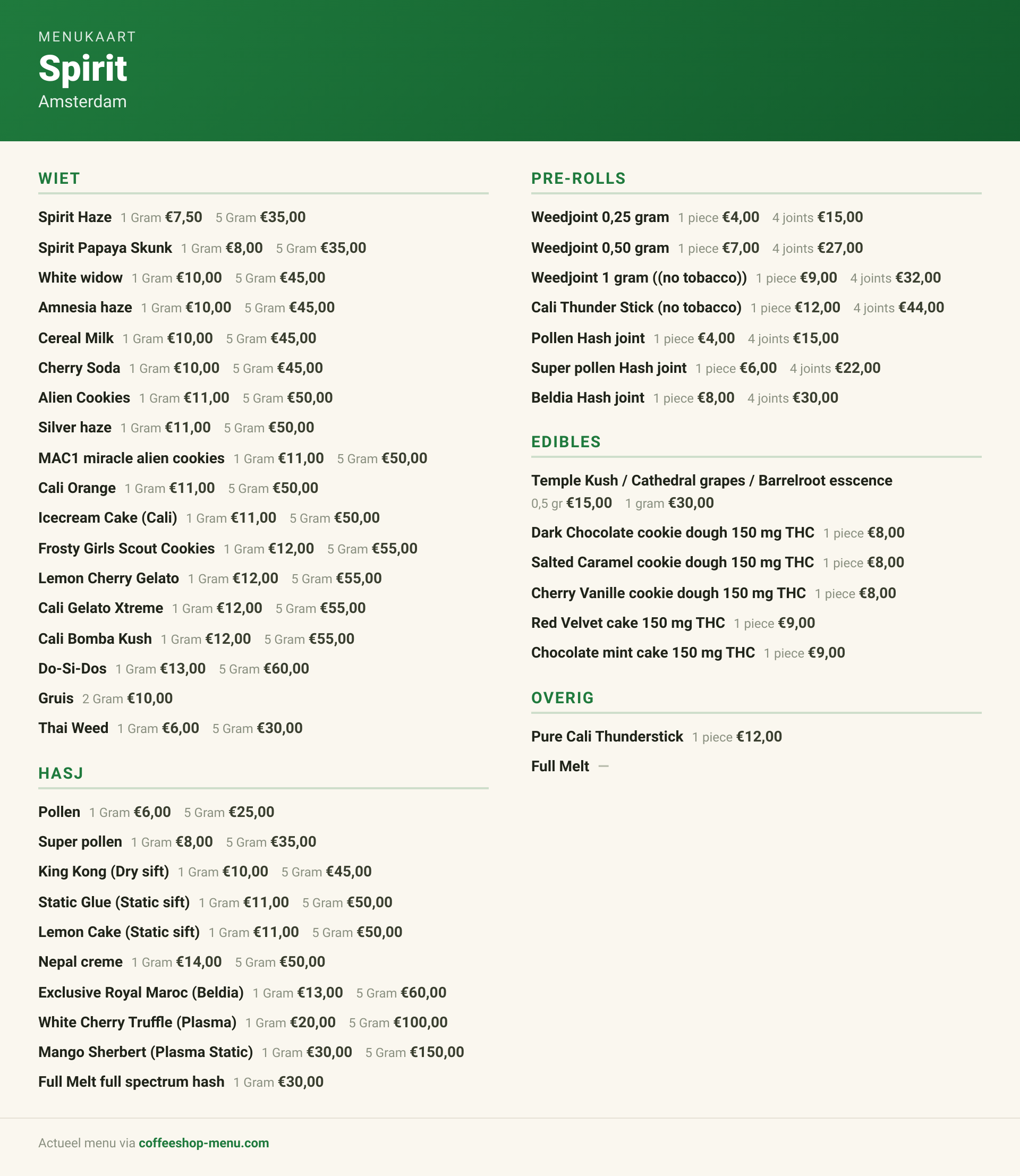 Menu bij Spirit