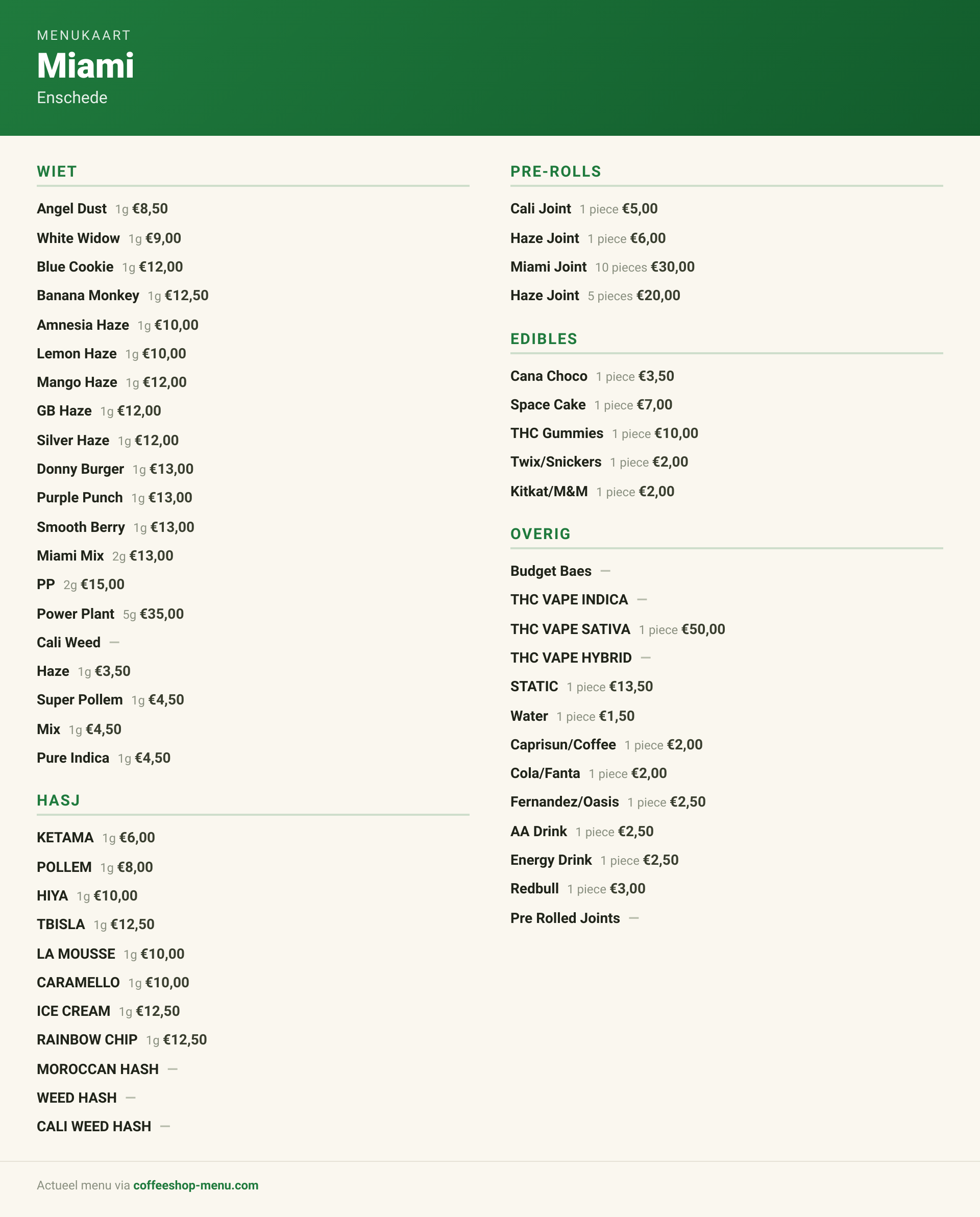 Menu bij Miami