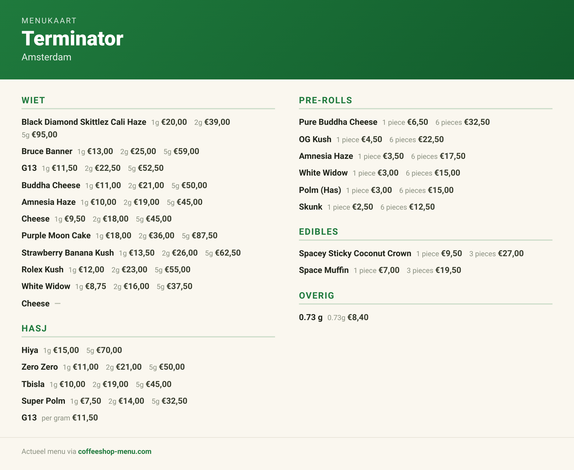 Menu bij Terminator