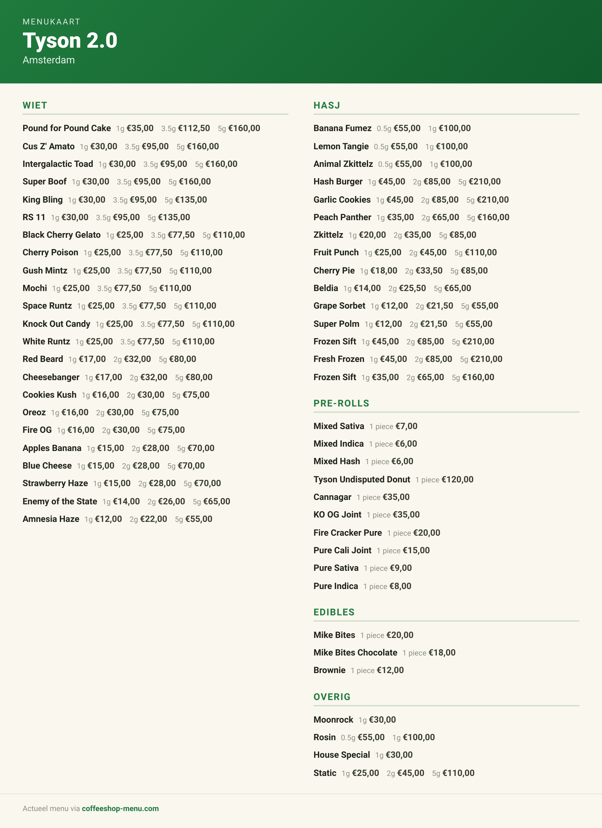 Menu bij Tyson 2.0