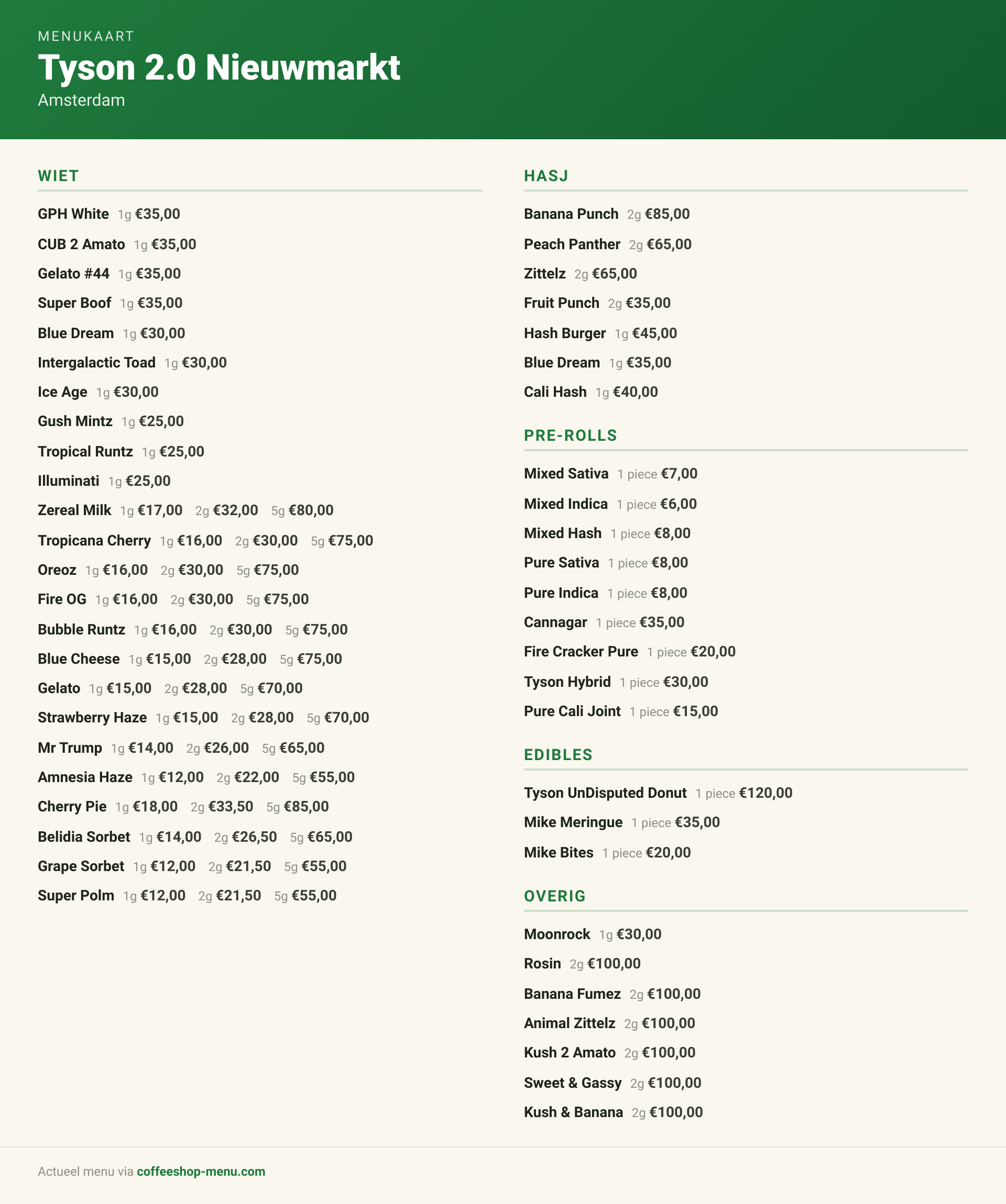 Menu bij Tyson 2.0 Nieuwmarkt