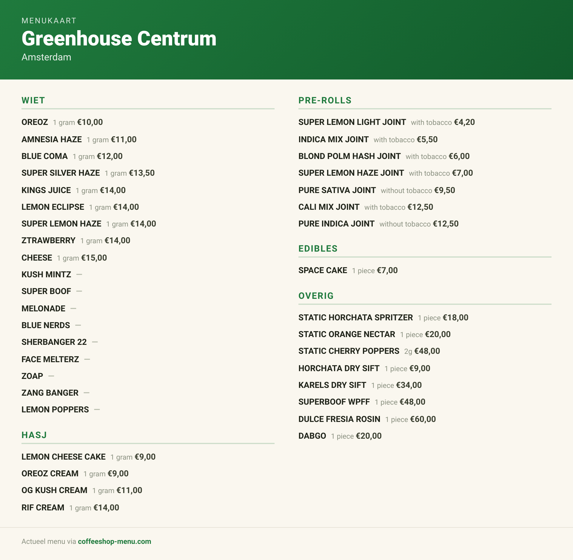 Menu bij Greenhouse Centrum