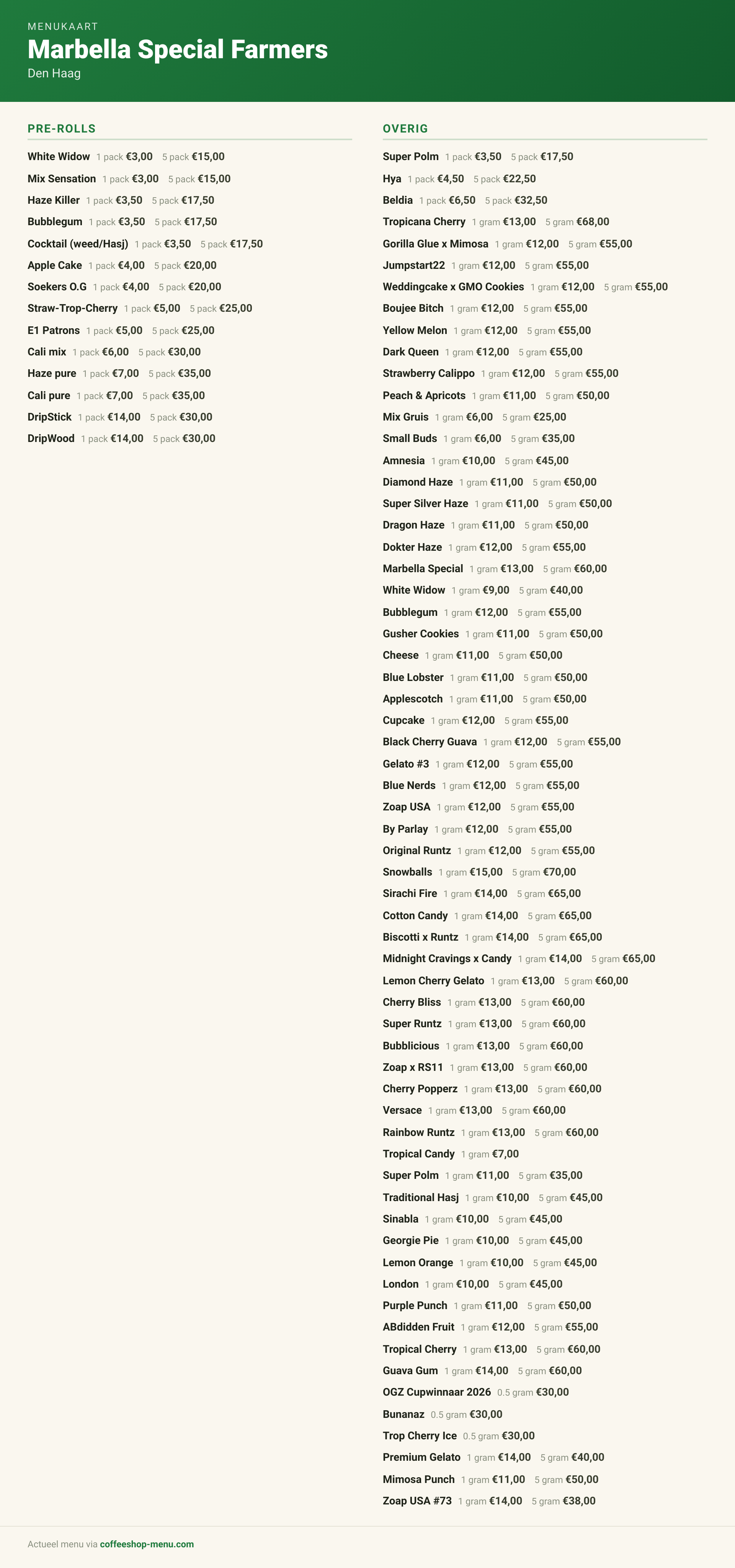 Menu bij Marbella Special Farmers