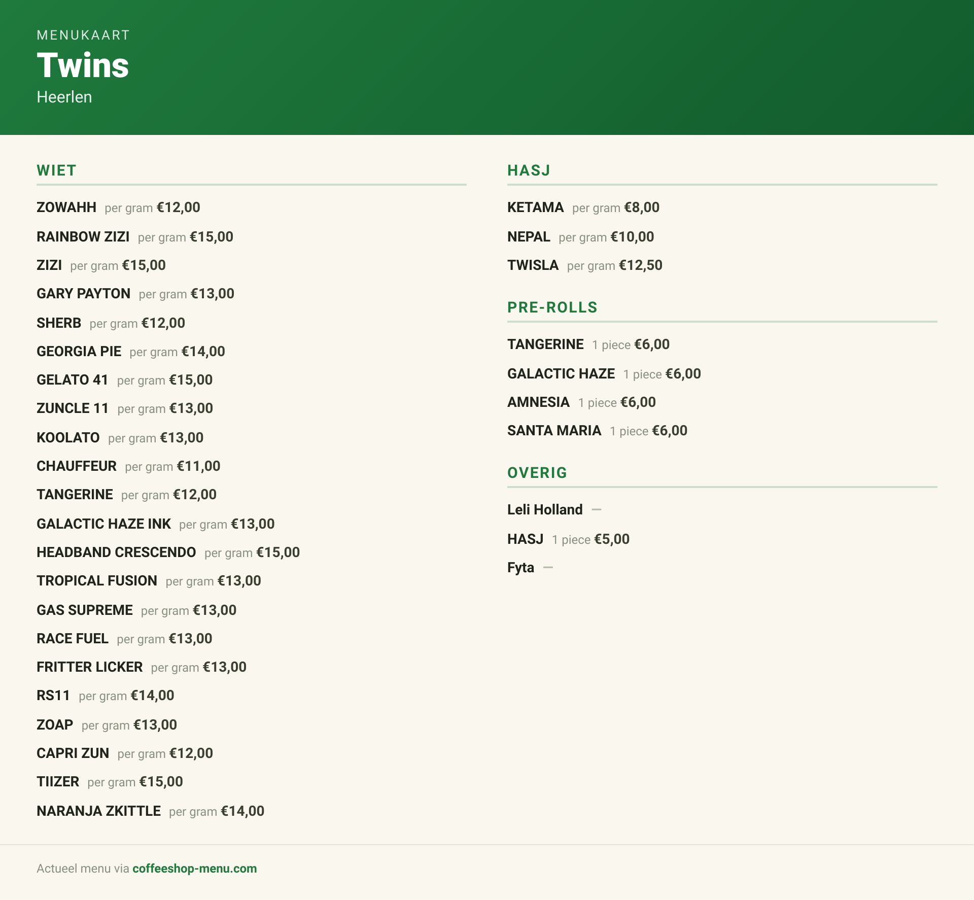 Menu bij Twins