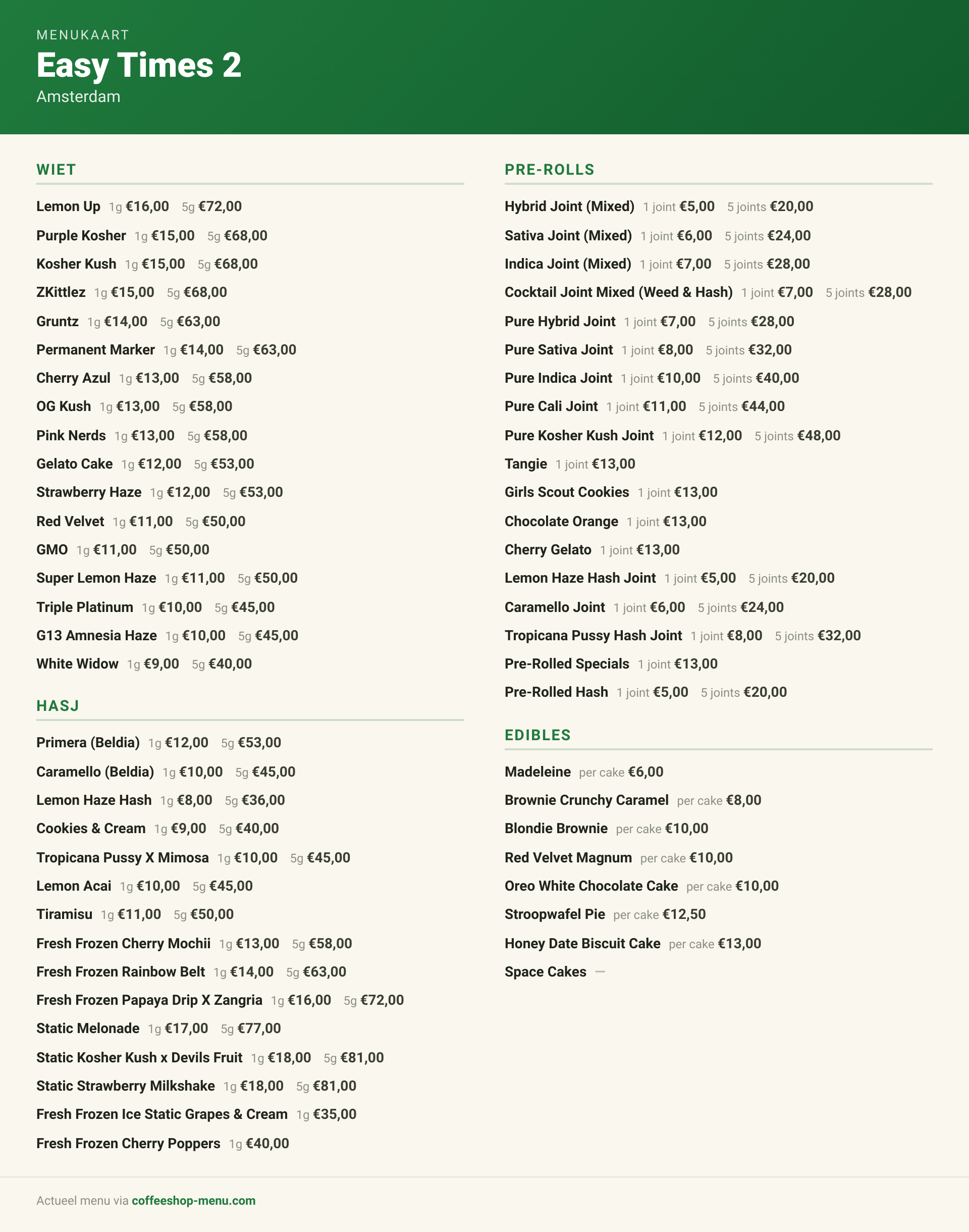 Menu bij Easy Times 2