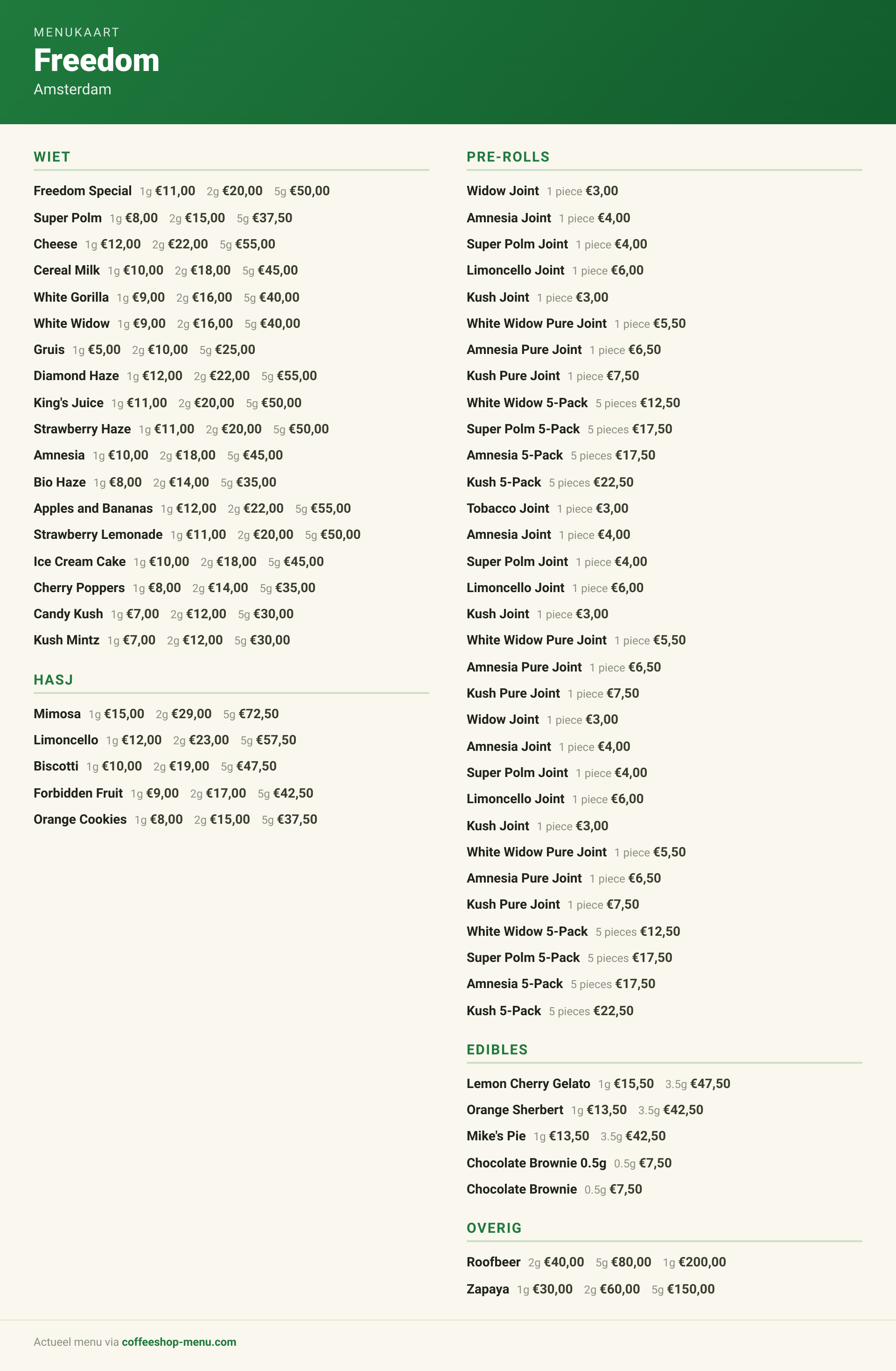 Menu bij Freedom