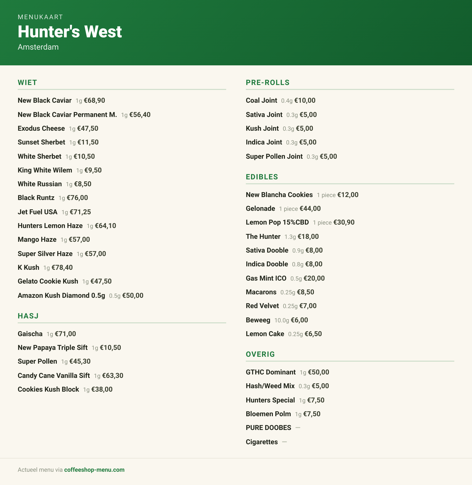 Menu bij Hunter's West