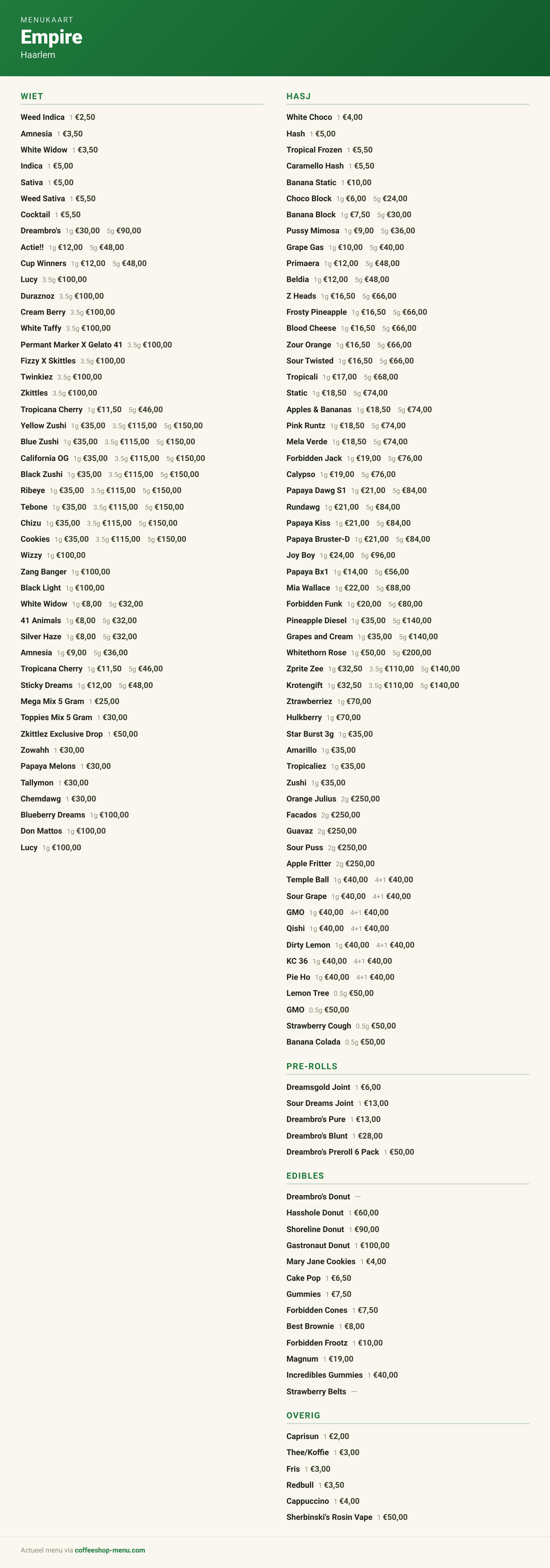 Menu bij Empire