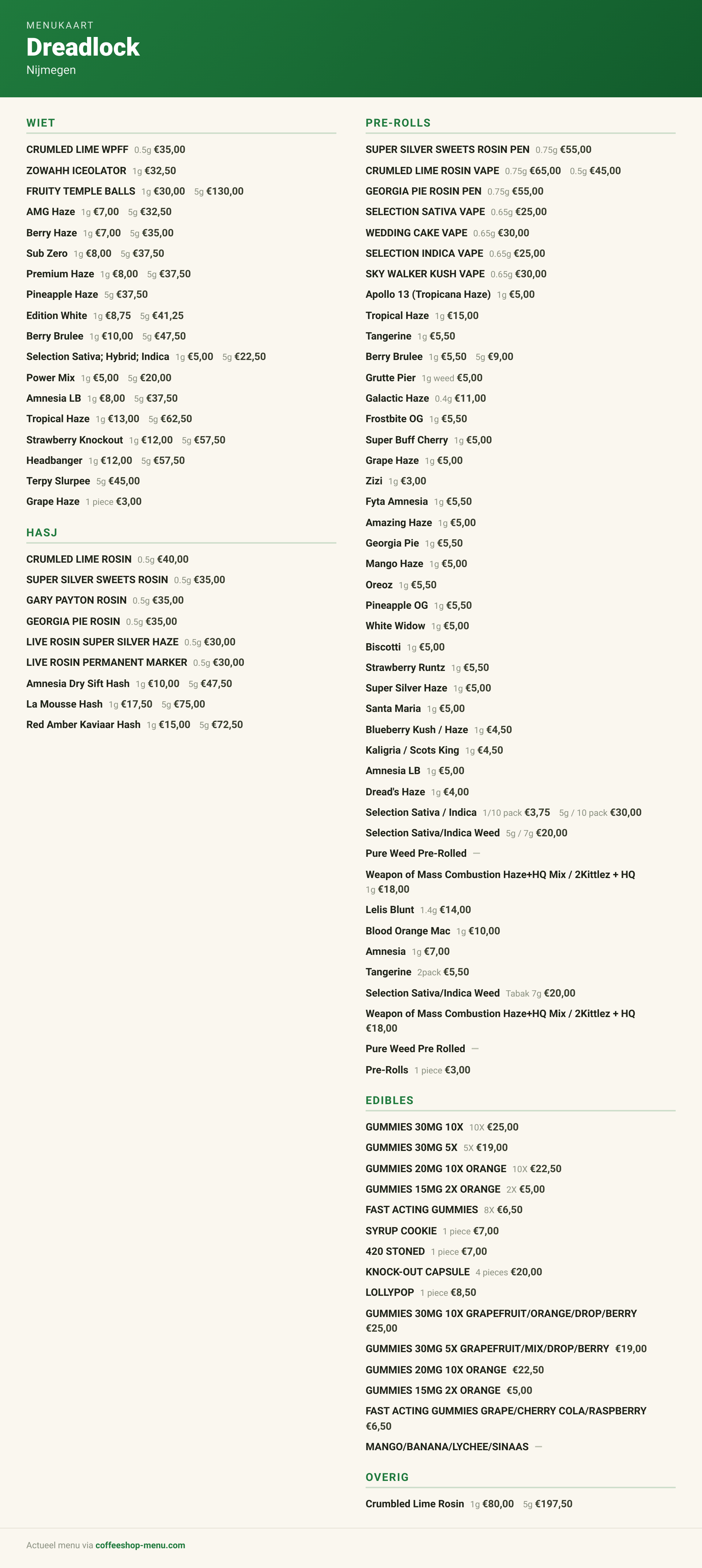 Menu bij Dreadlock