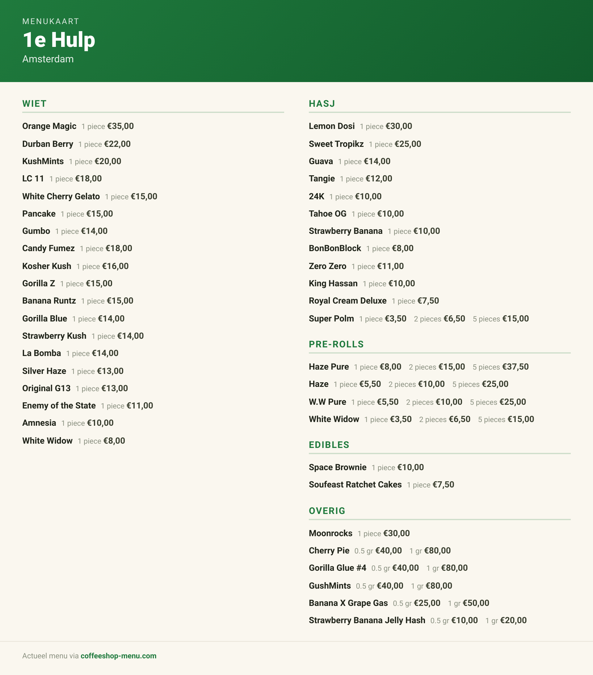 Menu bij 1e Hulp