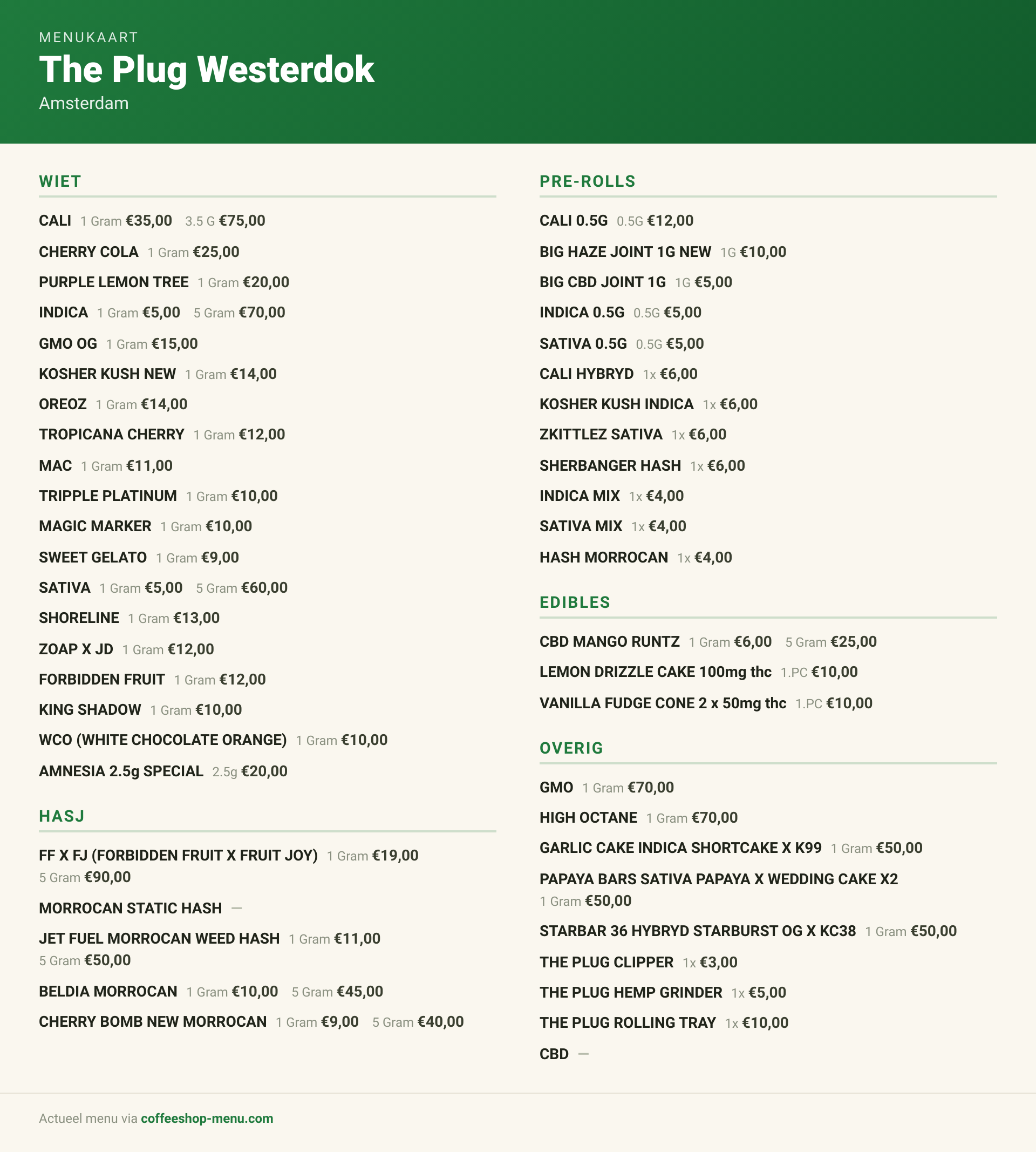 Menu bij The Plug Westerdok