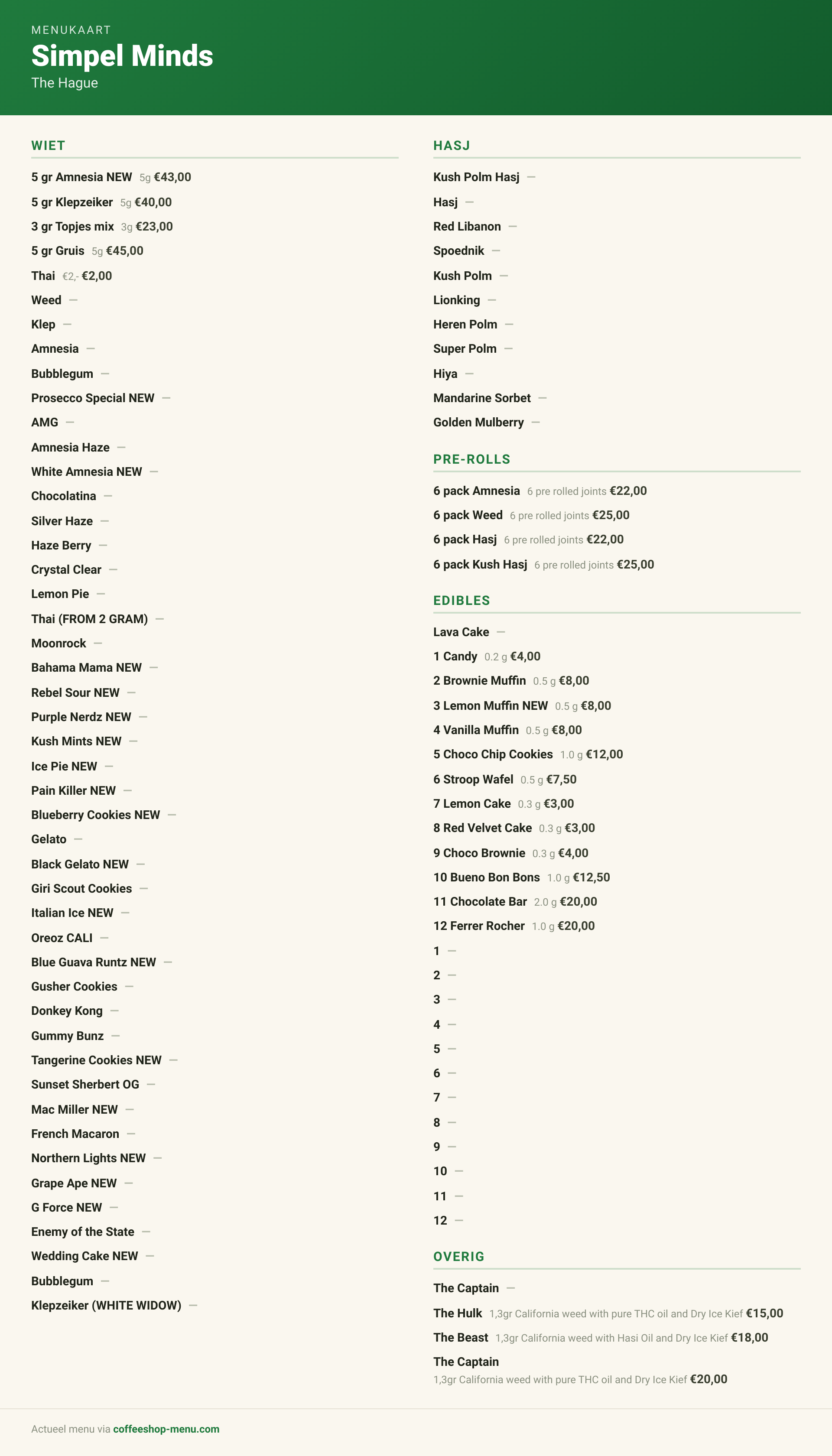 Menu bij Simpel Minds