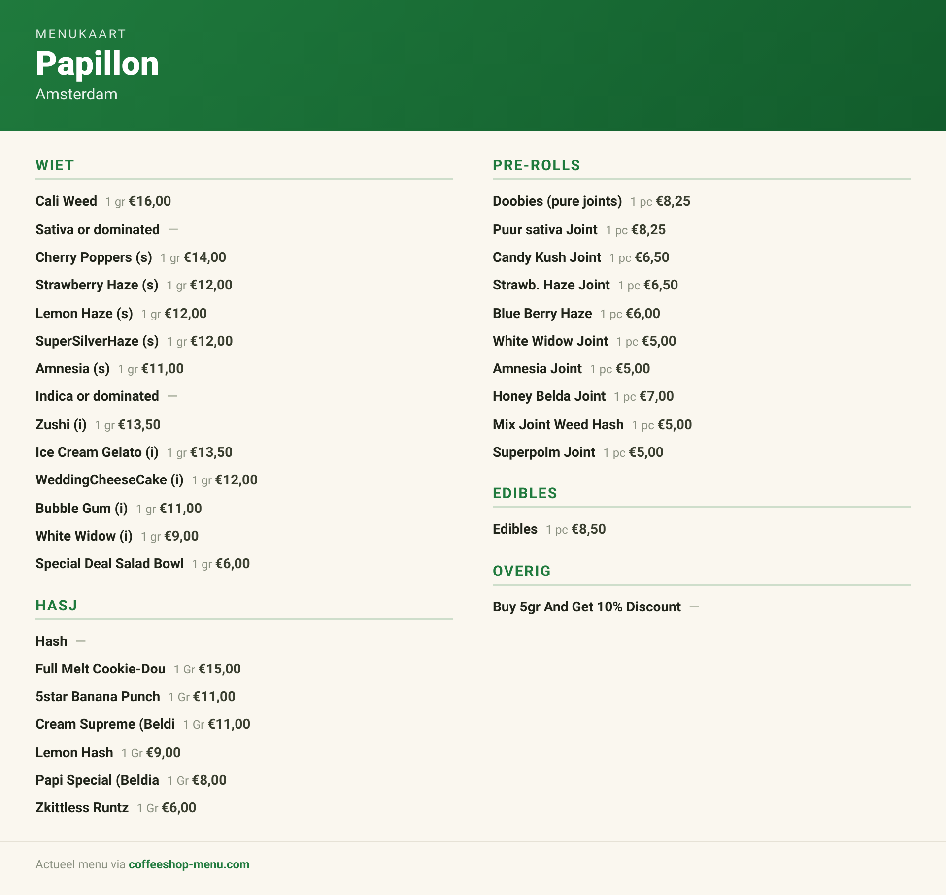 Menu bij Papillon