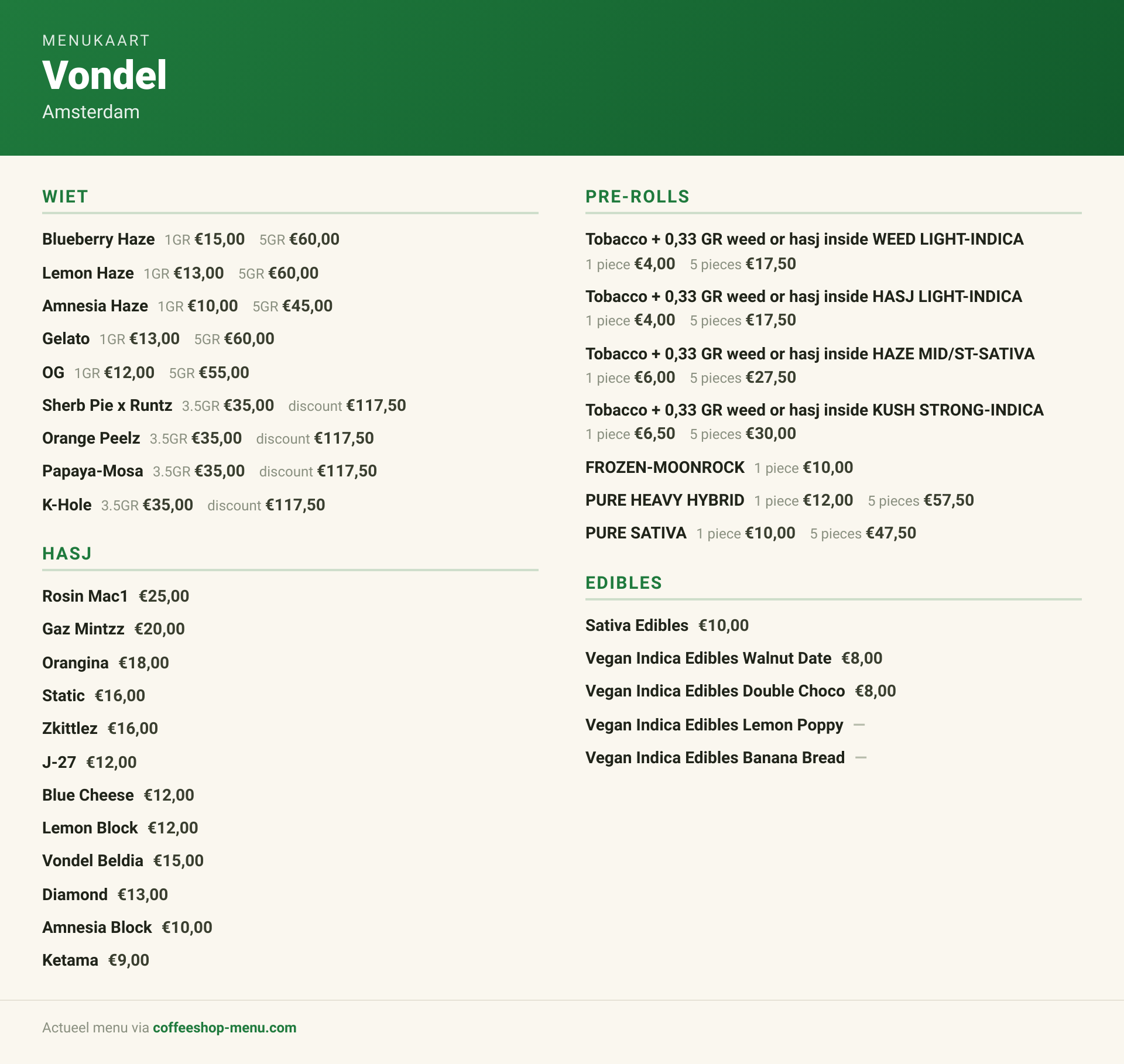 Menukaart van Vondel