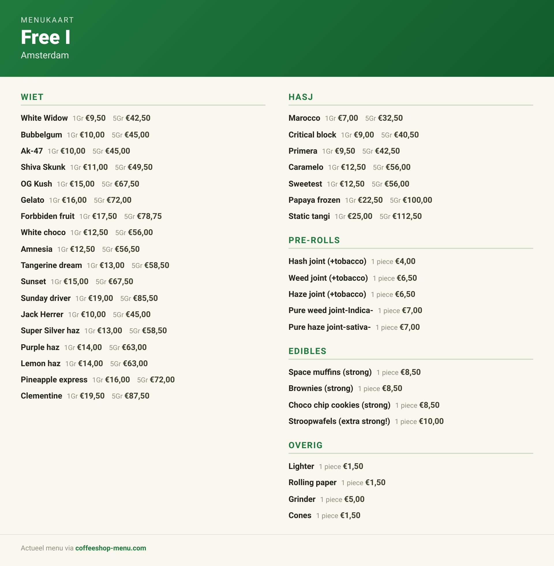 Menu bij Free I