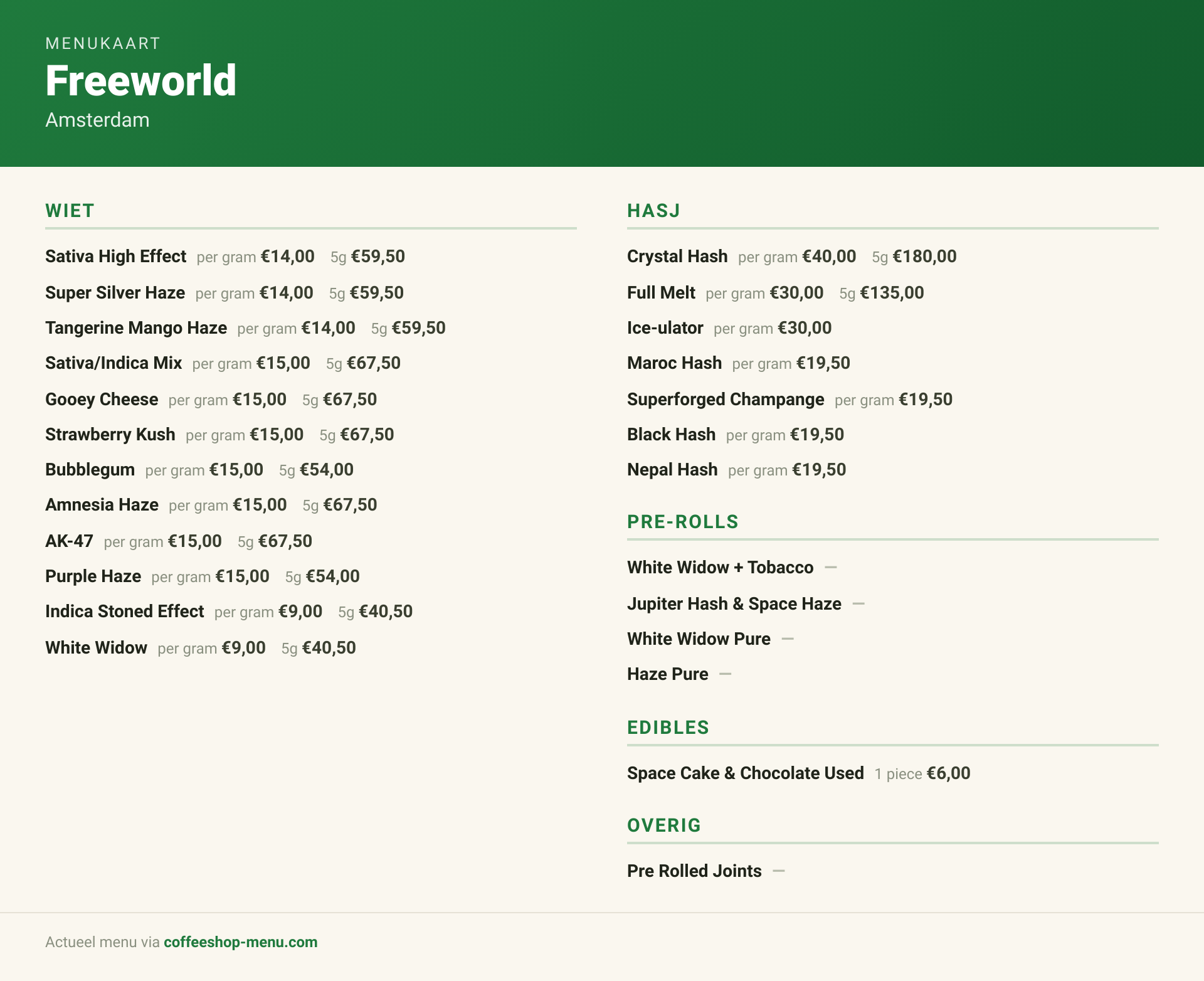 Menu bij Freeworld