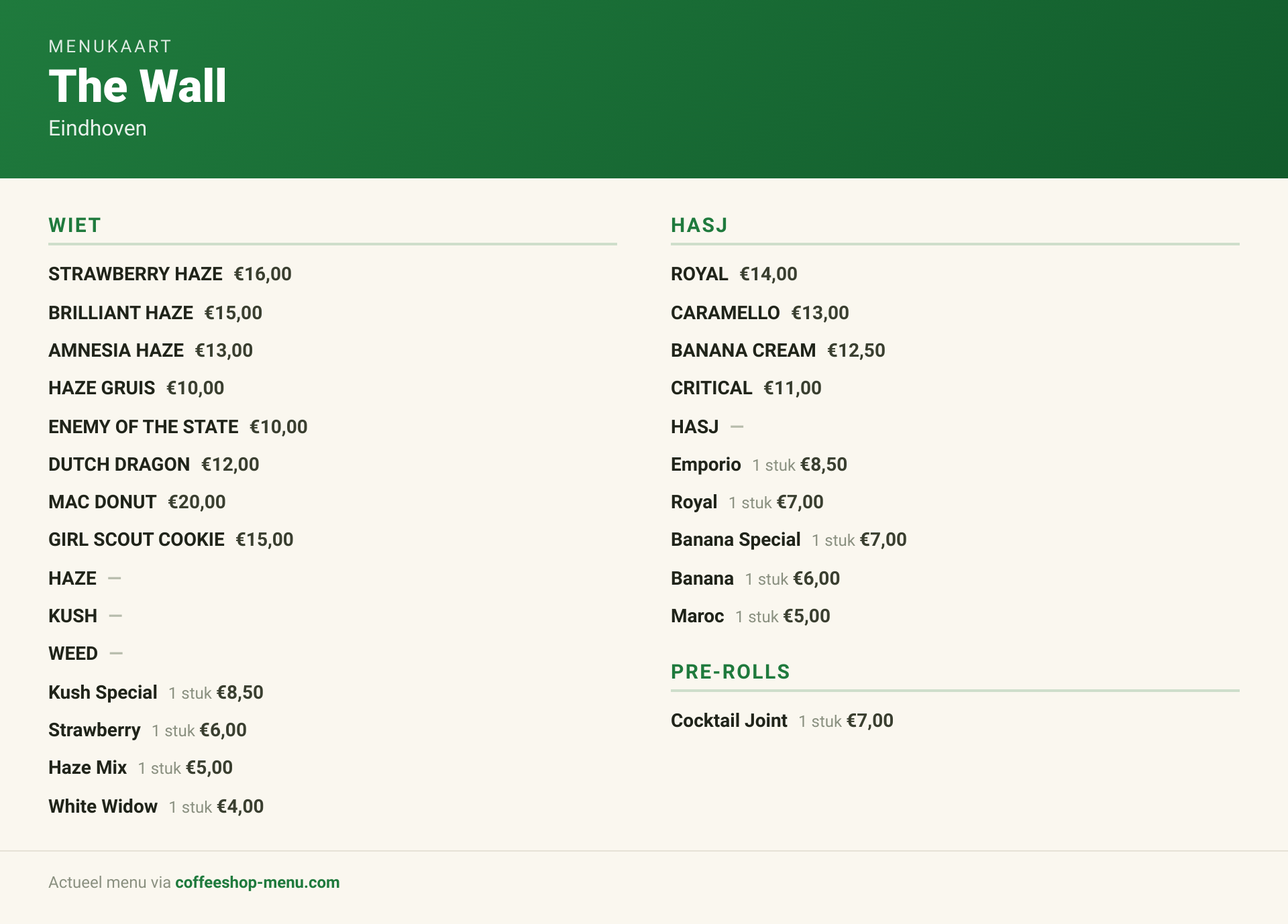 Menu bij The Wall