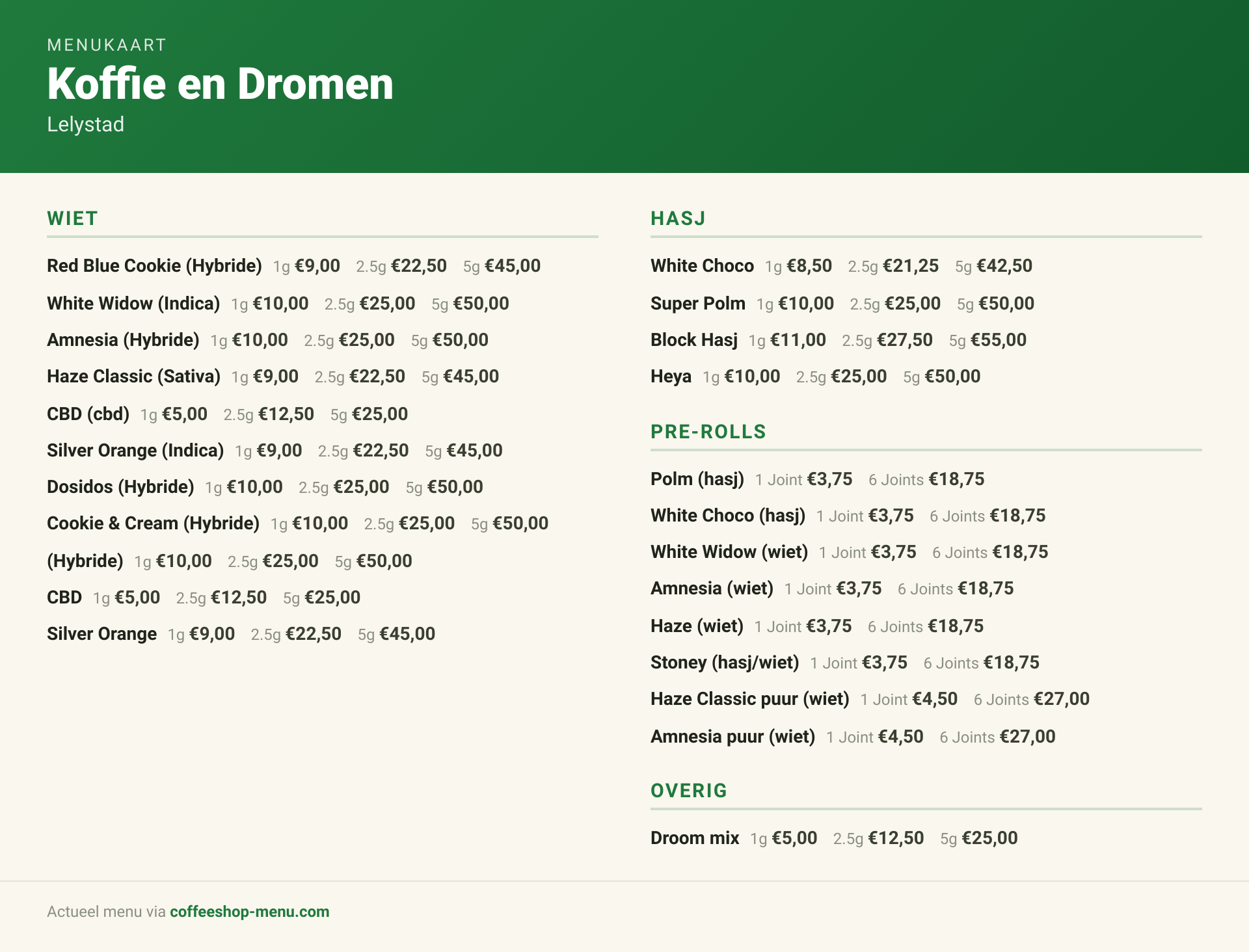 Menu bij Koffie en Dromen