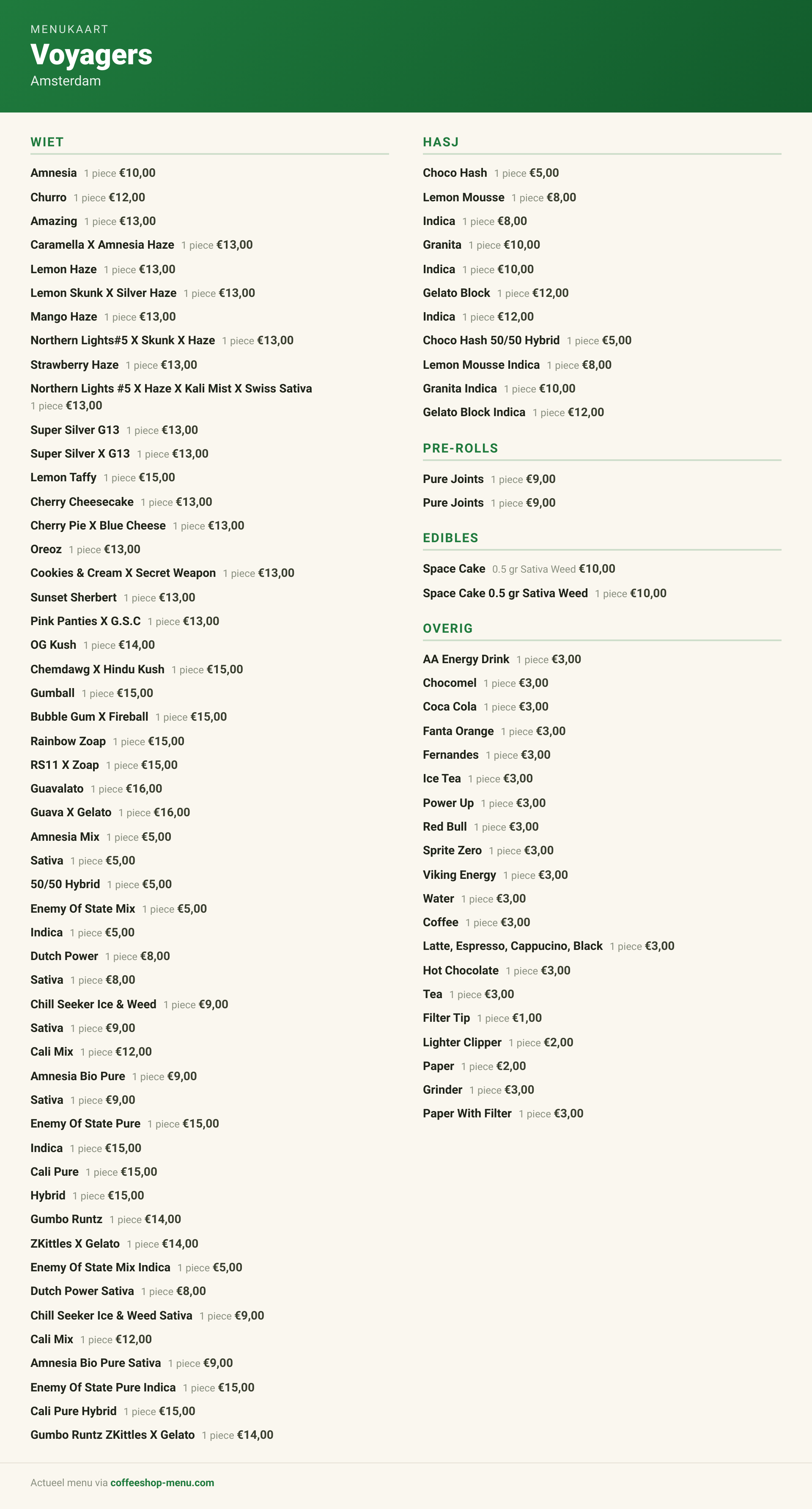 Menu bij Voyagers