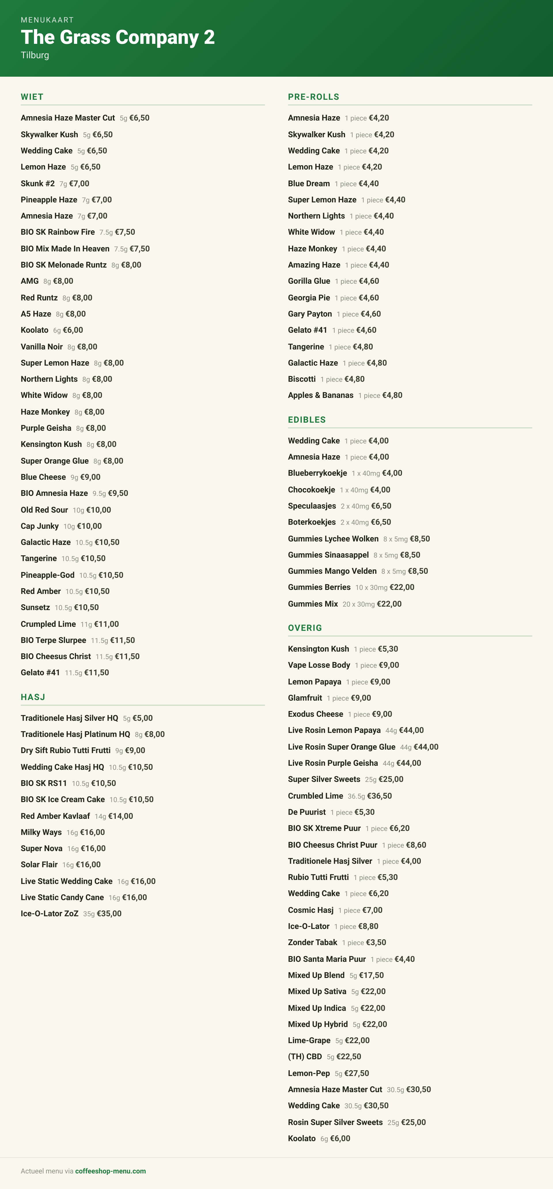 Menu bij The Grass Company 2