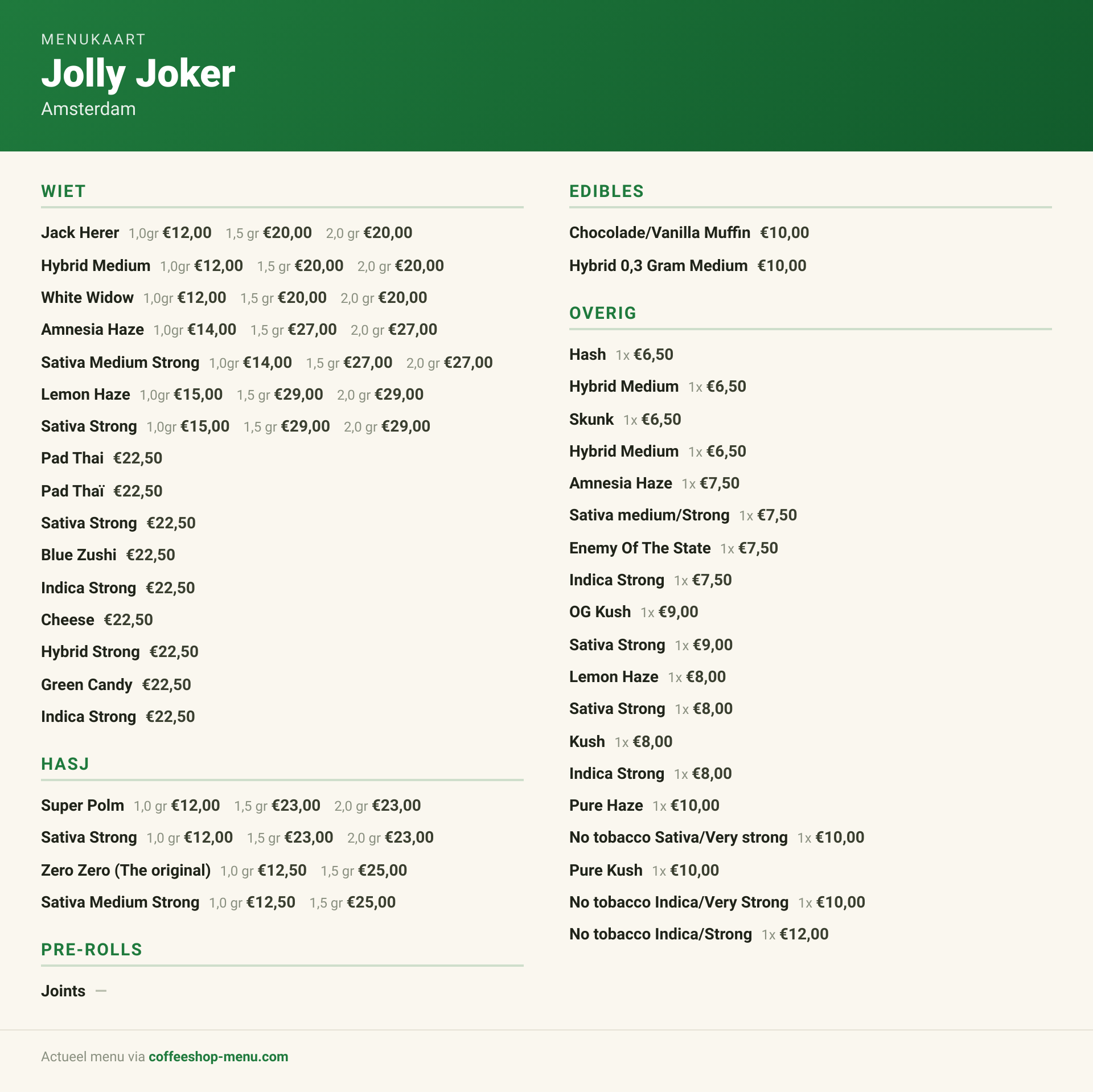 Menu bij Jolly Joker