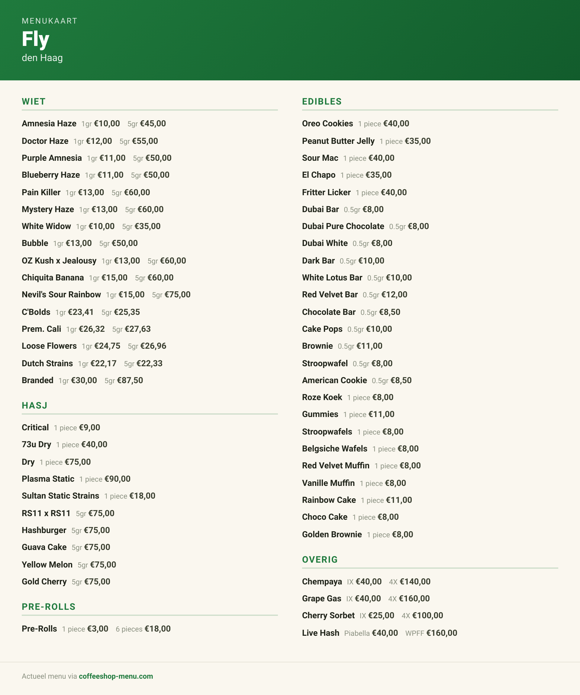 Menu bij Fly