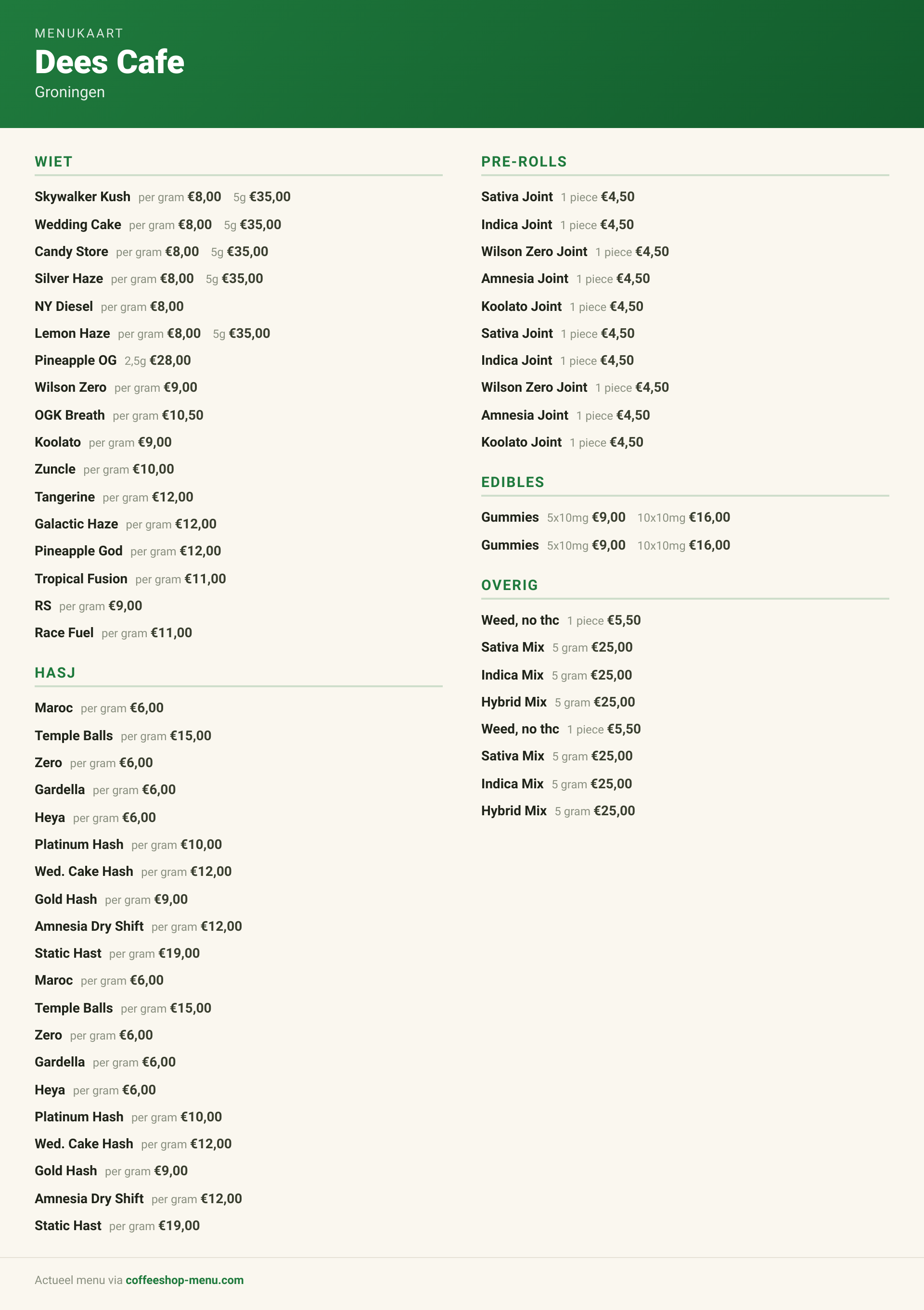 Menu bij Dees Cafe