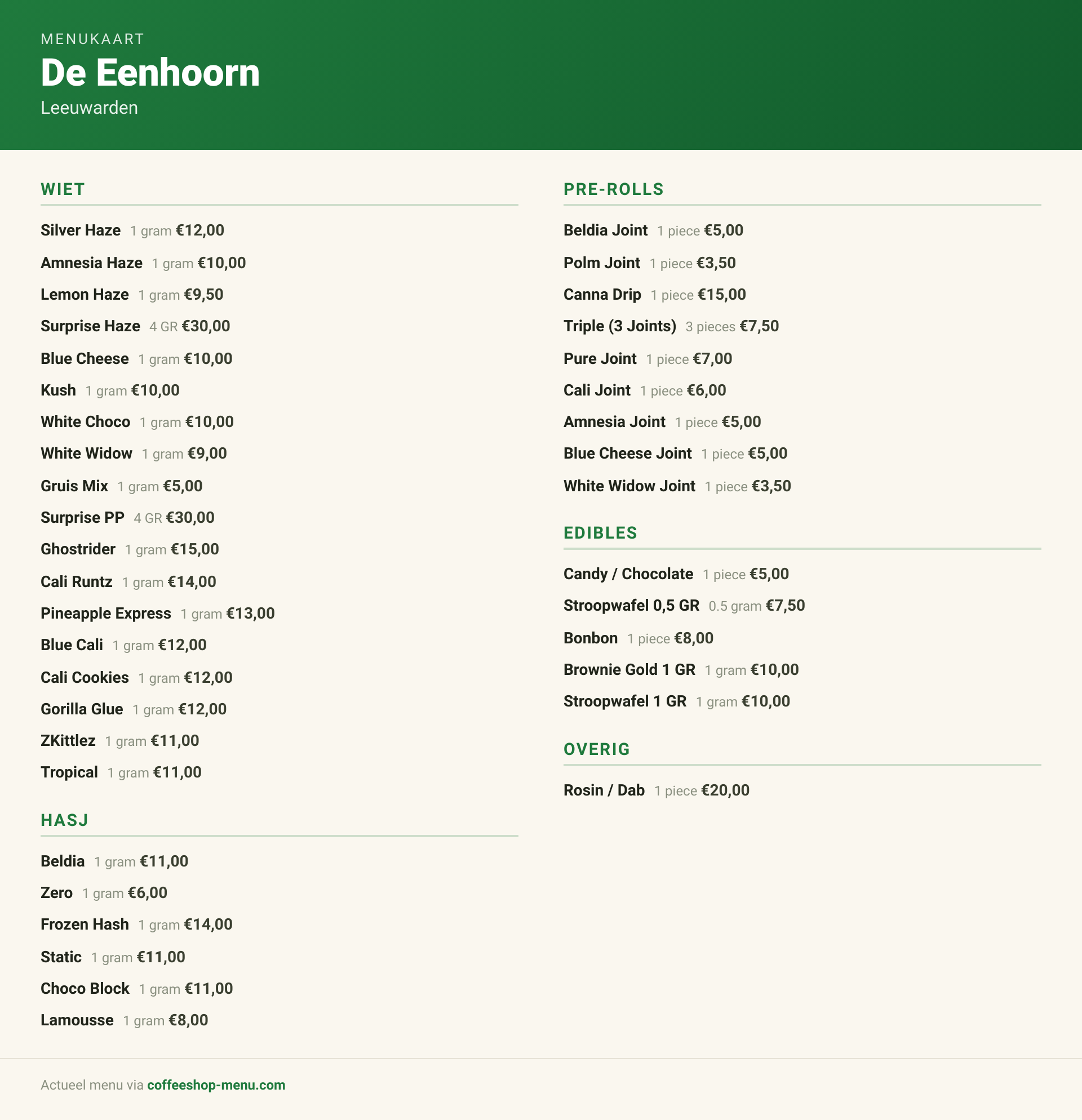 Menu bij De Eenhoorn