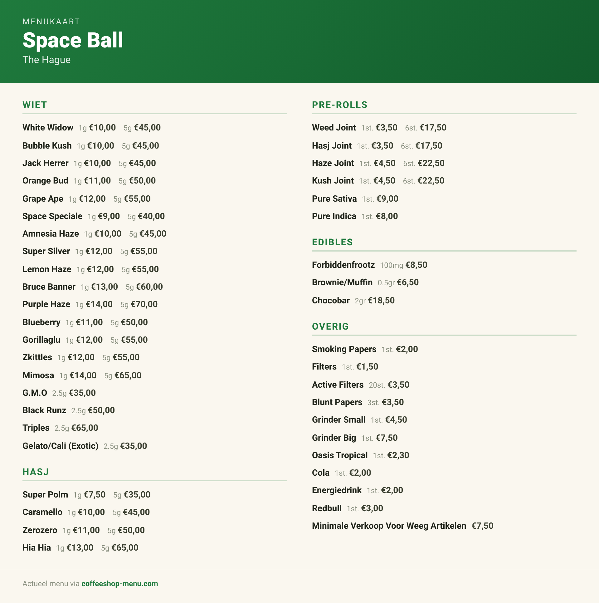 Menu bij Space Ball