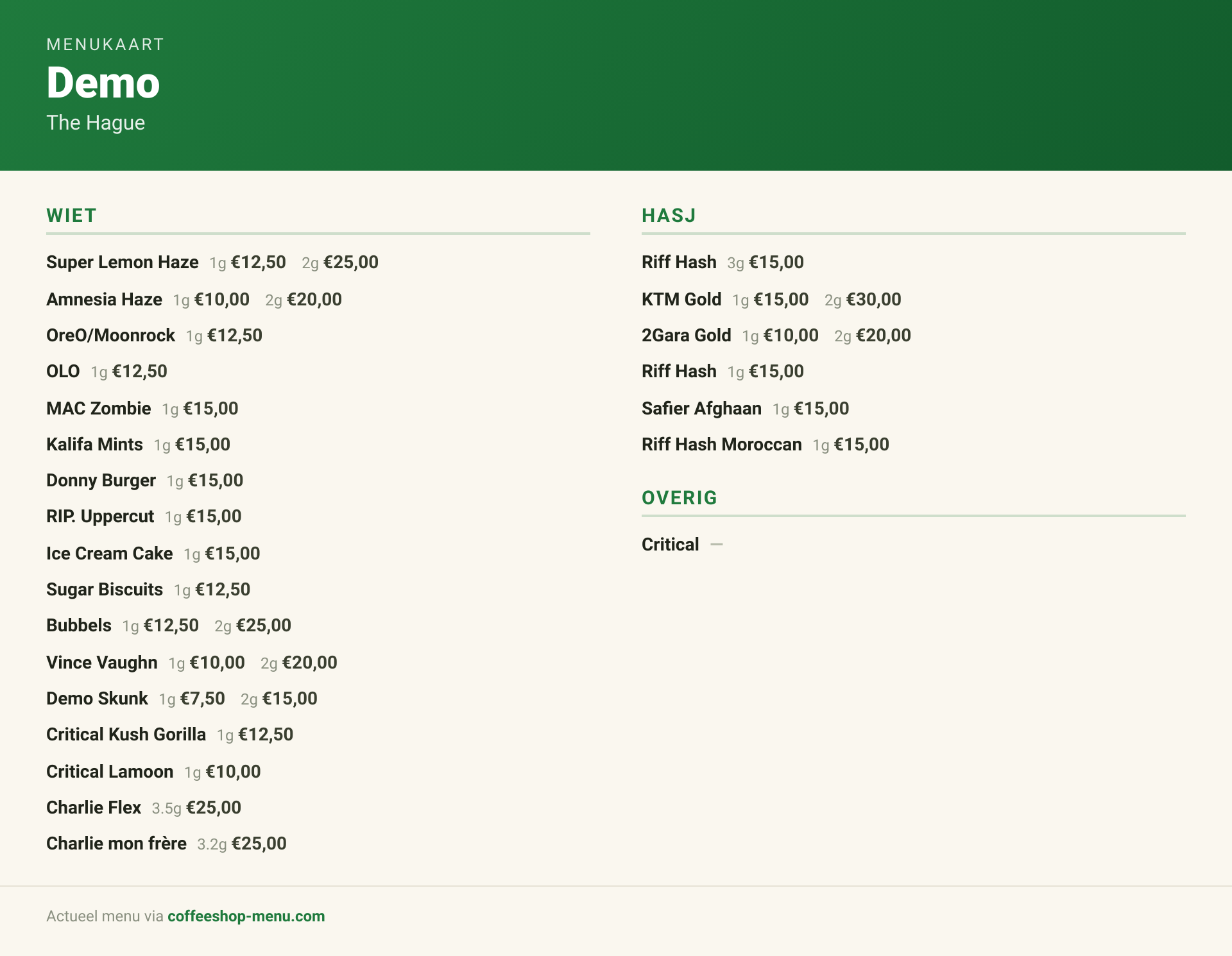 Menu bij Demo