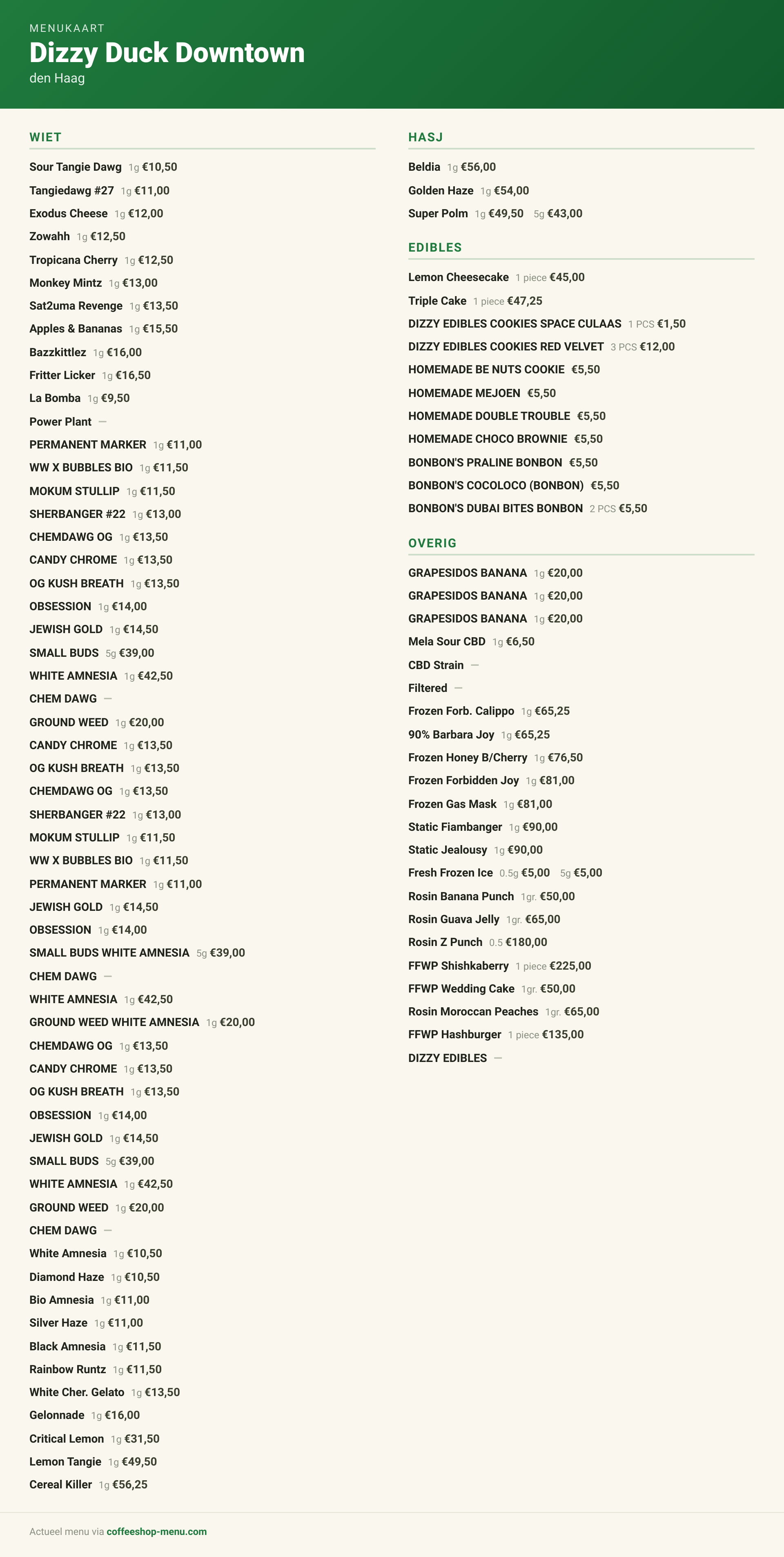 Menu bij Dizzy Duck Downtown