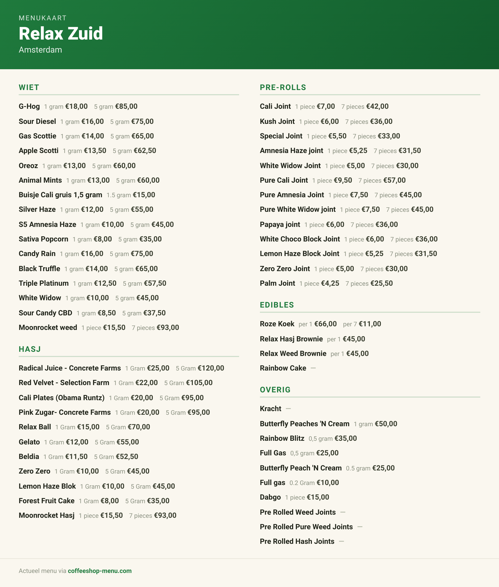Menu bij Relax Zuid