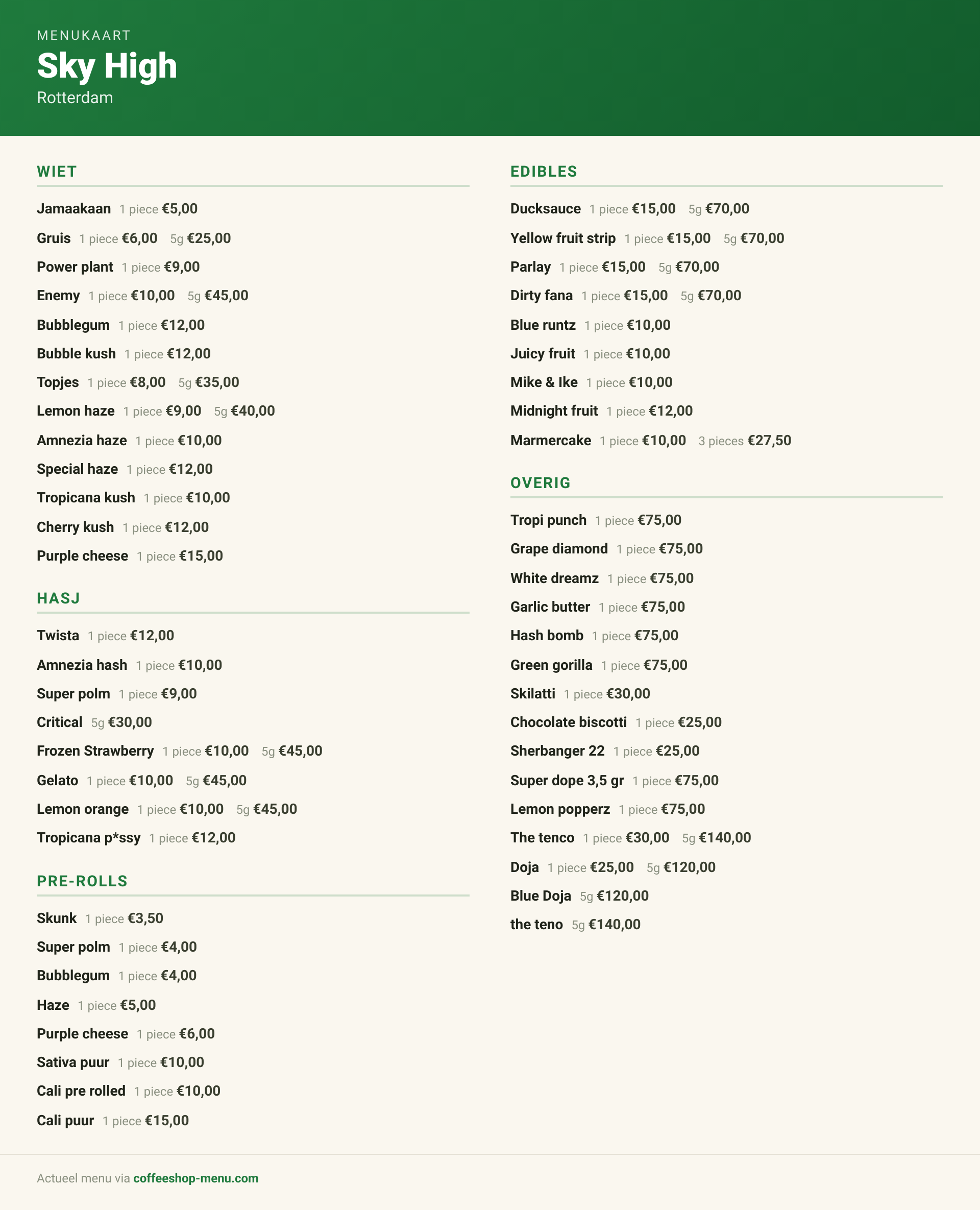 Menu bij Sky High