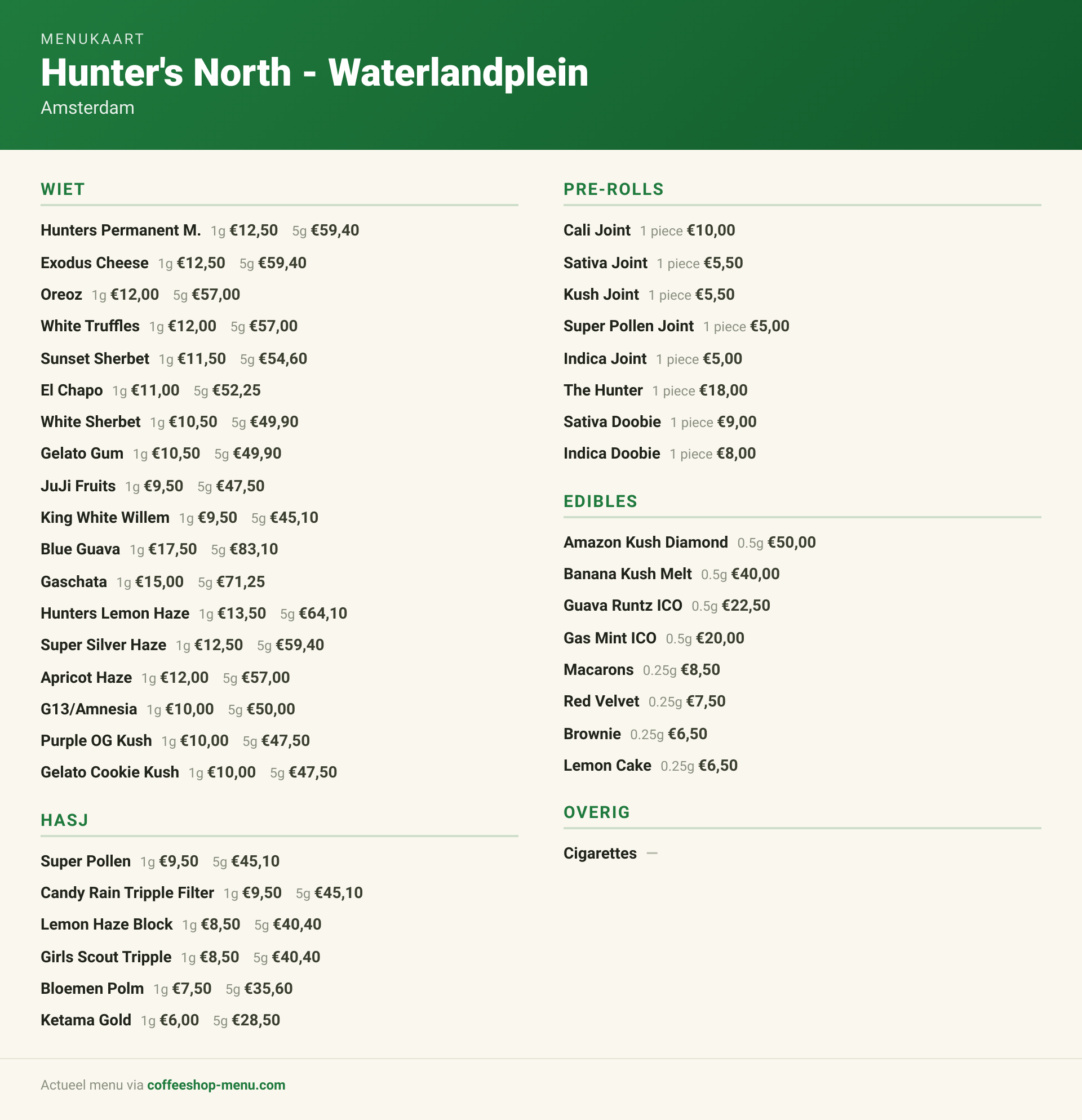 Menu bij Hunter's North - Waterlandplein