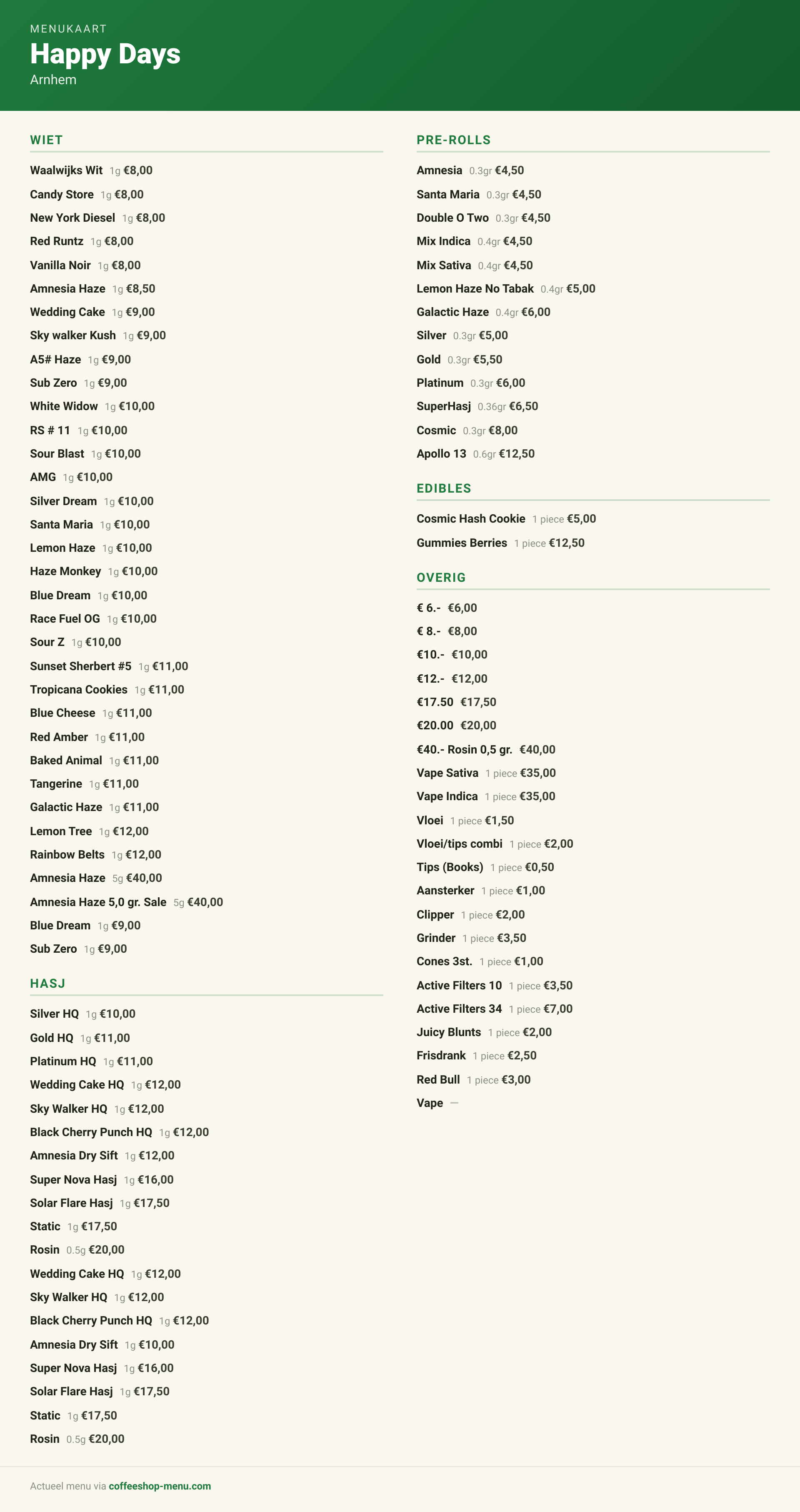 Menu bij Happy Days