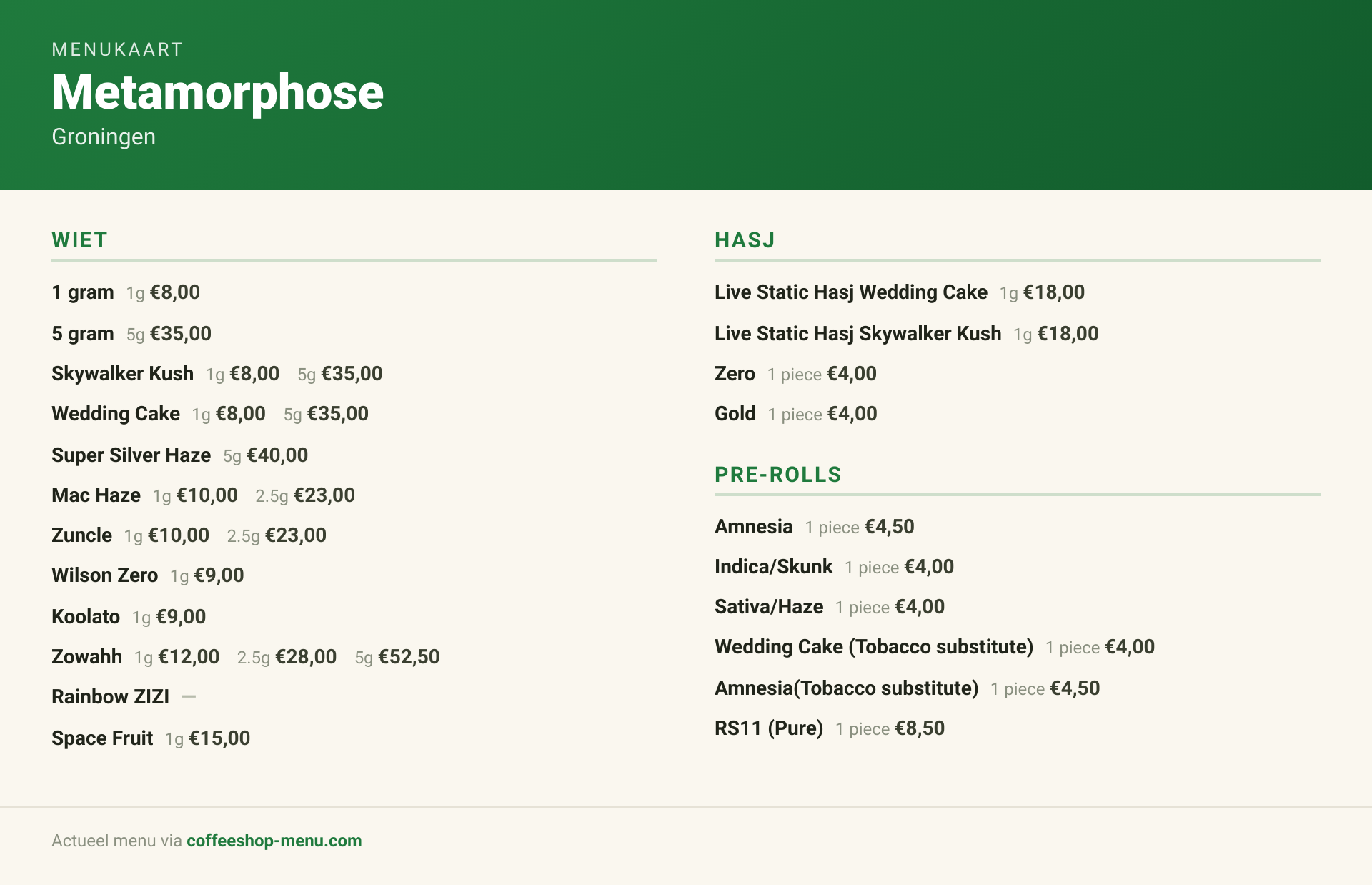 Menu bij Metamorphose