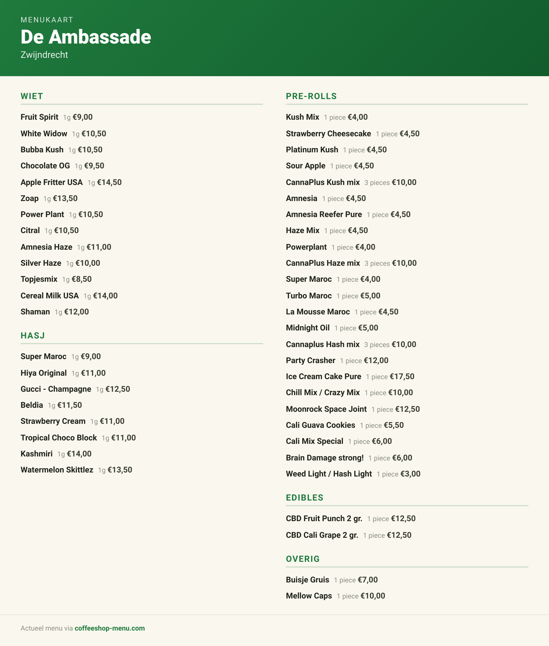 Menu bij De Ambassade