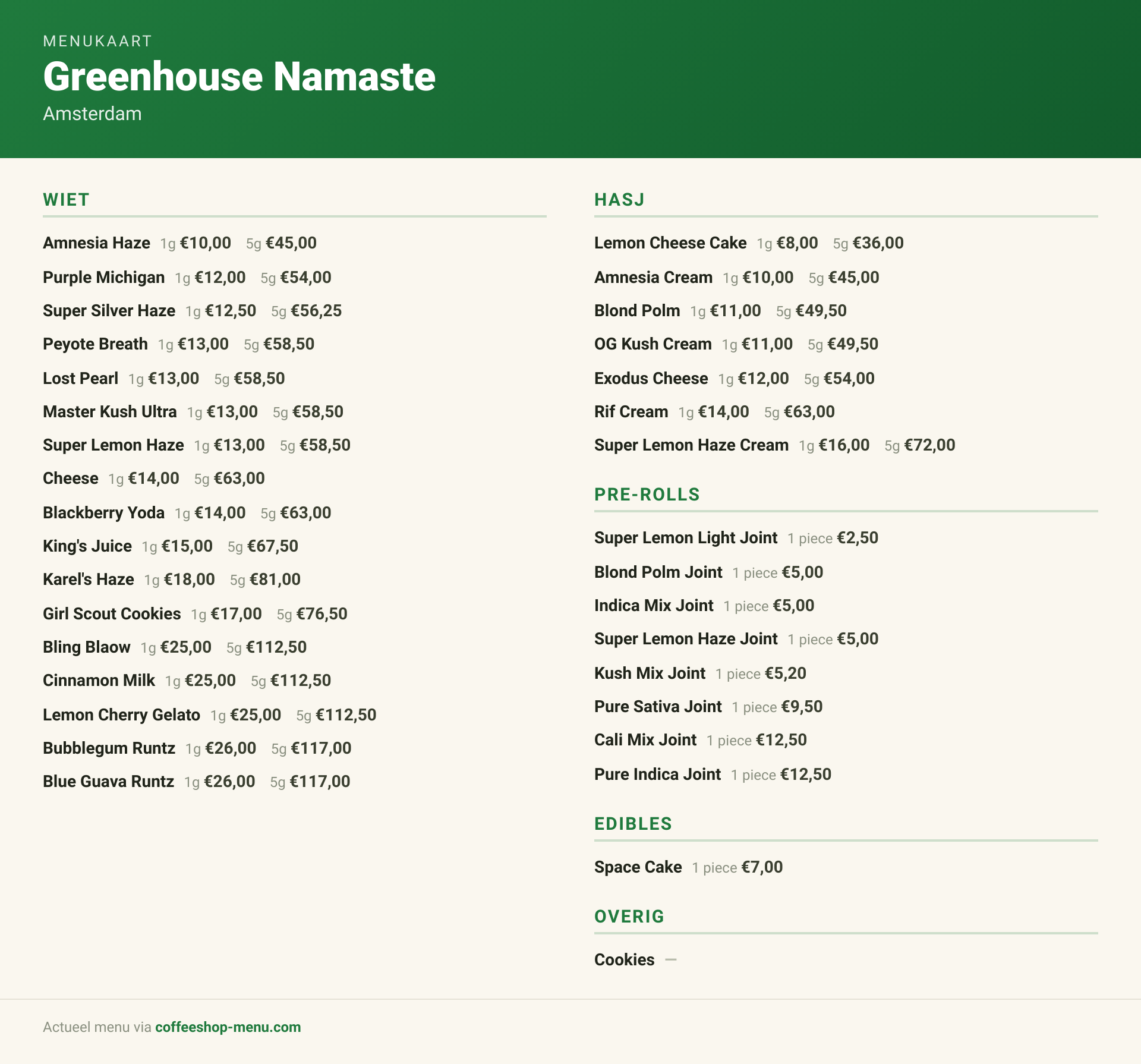 Menu bij Greenhouse Namaste