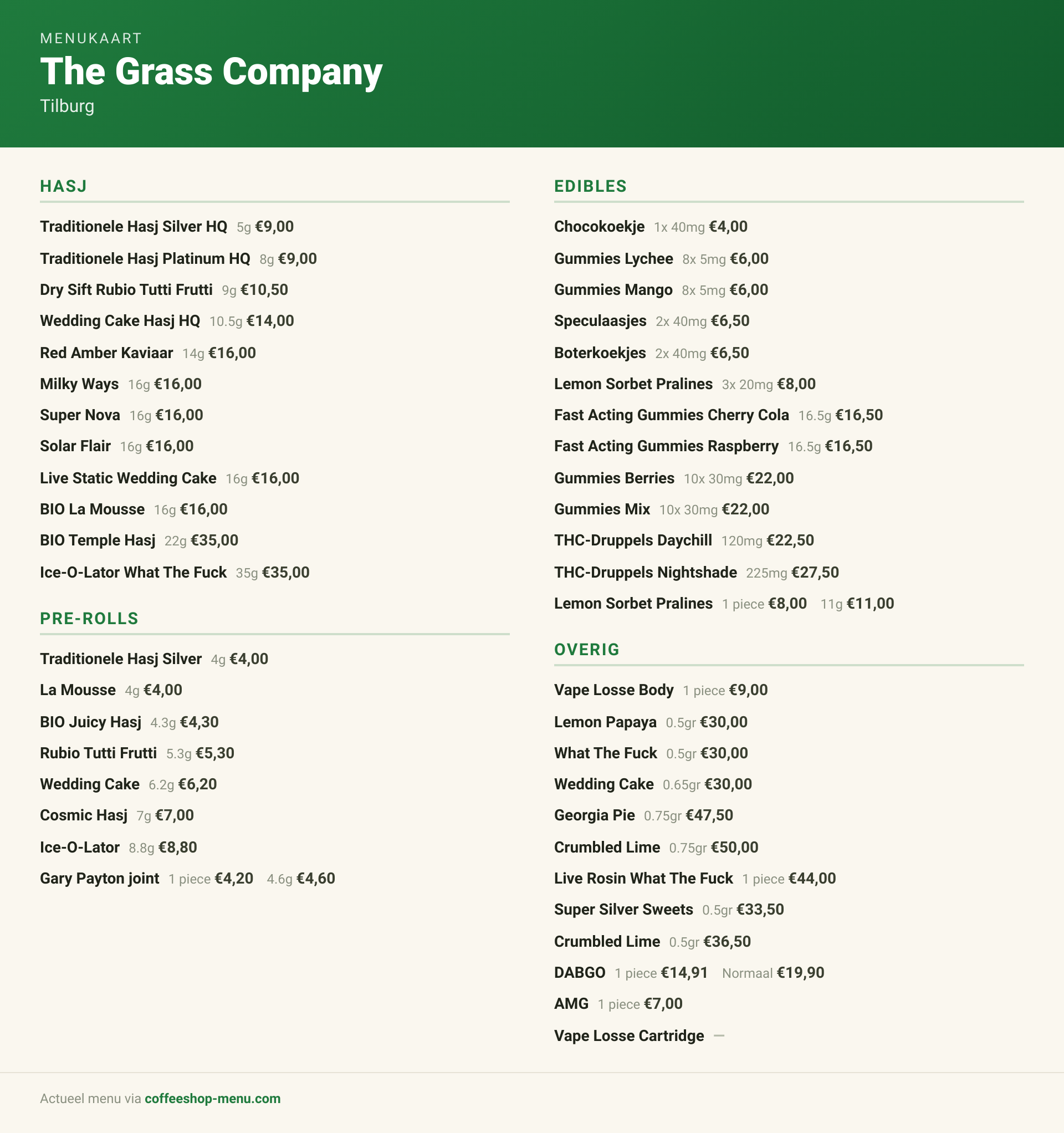Menu bij The Grass Company